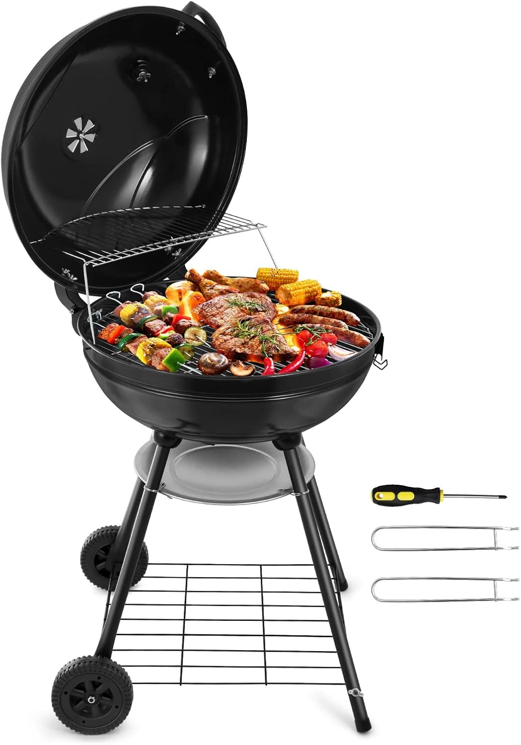 HaSteeL 22-Inch Kettle Charcoal Grill, Portable BBQ Gill with Wheels for Outdoors Barbecue, Camping, Picnic, Backyard, Tailgating, Beach, Storage Rack & 355 SQ.In Cooking Area, Black Porcelain Enamel