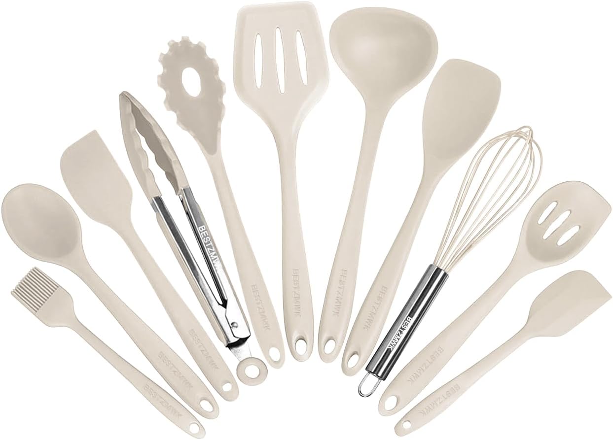 Kitchen Utensil Set – 11 Cooking Utensils – Colorful Silicone Kitchen Utensils – Nonstick Cookware with Spatula Set – Colored Best Kitchen Tools Kitchen Gadgets (Khaki)