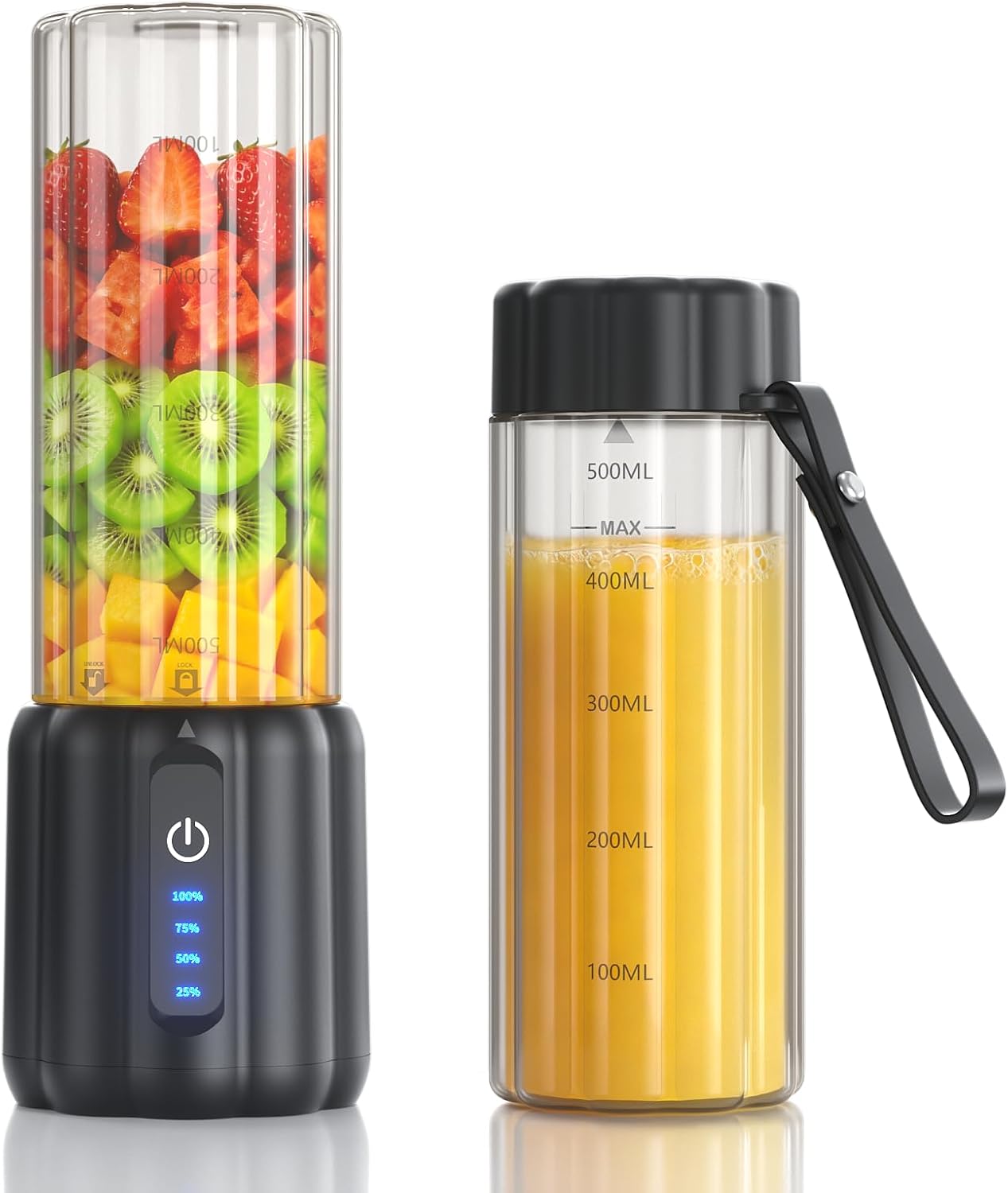 Portable Blender, Small Smoothie & Shake Maker with 6 Blades, USB-C Rechargeable Personal Blender with LED Display, Travel-Friendly Mini Juicer Cup for Home, Office, Gym, Outdoor, 17oz, Black