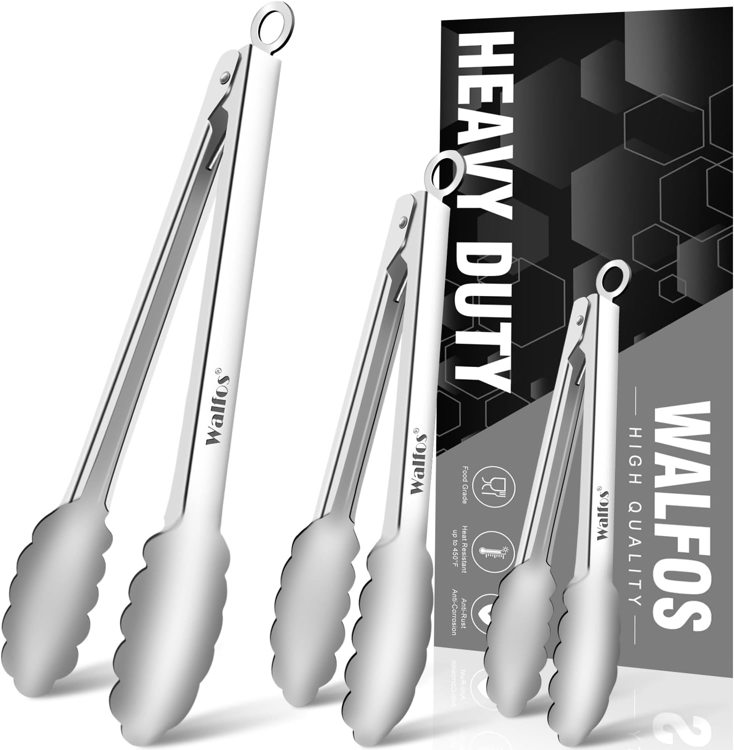 Walfos Kitchen Tongs for Cooking, 600℉ Heat Resistant Stainless Steel Tongs, All Metal Heavy Duty Tongs For Food ,BBQ Grilling – 7 ，9 and 12 Inch ,Set of 3