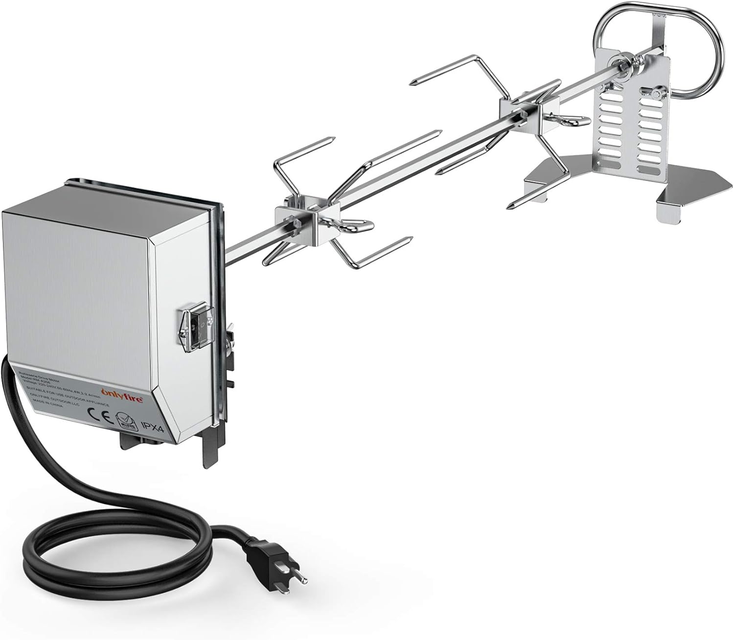 only fire Stainless Steel Rotisserie Kit Grilling Accessories with 6 Watt 110V Electric Motor for Gas Grills – 28 × 0.35 Inch Hexagon Spit Rod