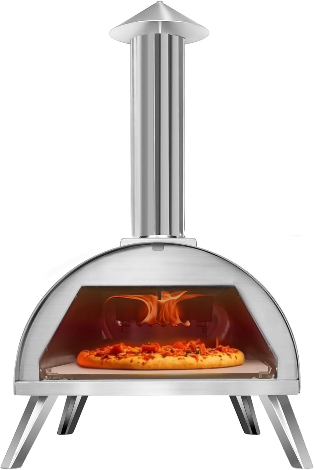 12″ Wood Pellet Pizza Oven – Portable Stainless Steel Outdoor Pizza Maker with Built-In Thermometer, Foldable Legs, Carry Handle & Cordierite Pizza Stone for Backyard, Patio & Camping