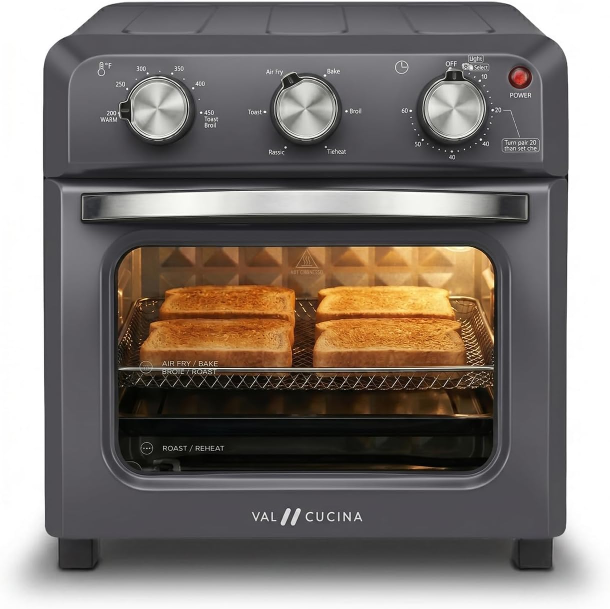 VAL CUCINA 6-in-1 Retro Air Fryer Toaster Oven Combo, Compact 12.7 QT Small Countertop Convection Oven, Fits 9″ Pizza & 4 Toast, Hexagon Hybrid Heating, Enamel Baking Pan Included, Dark Grey Color