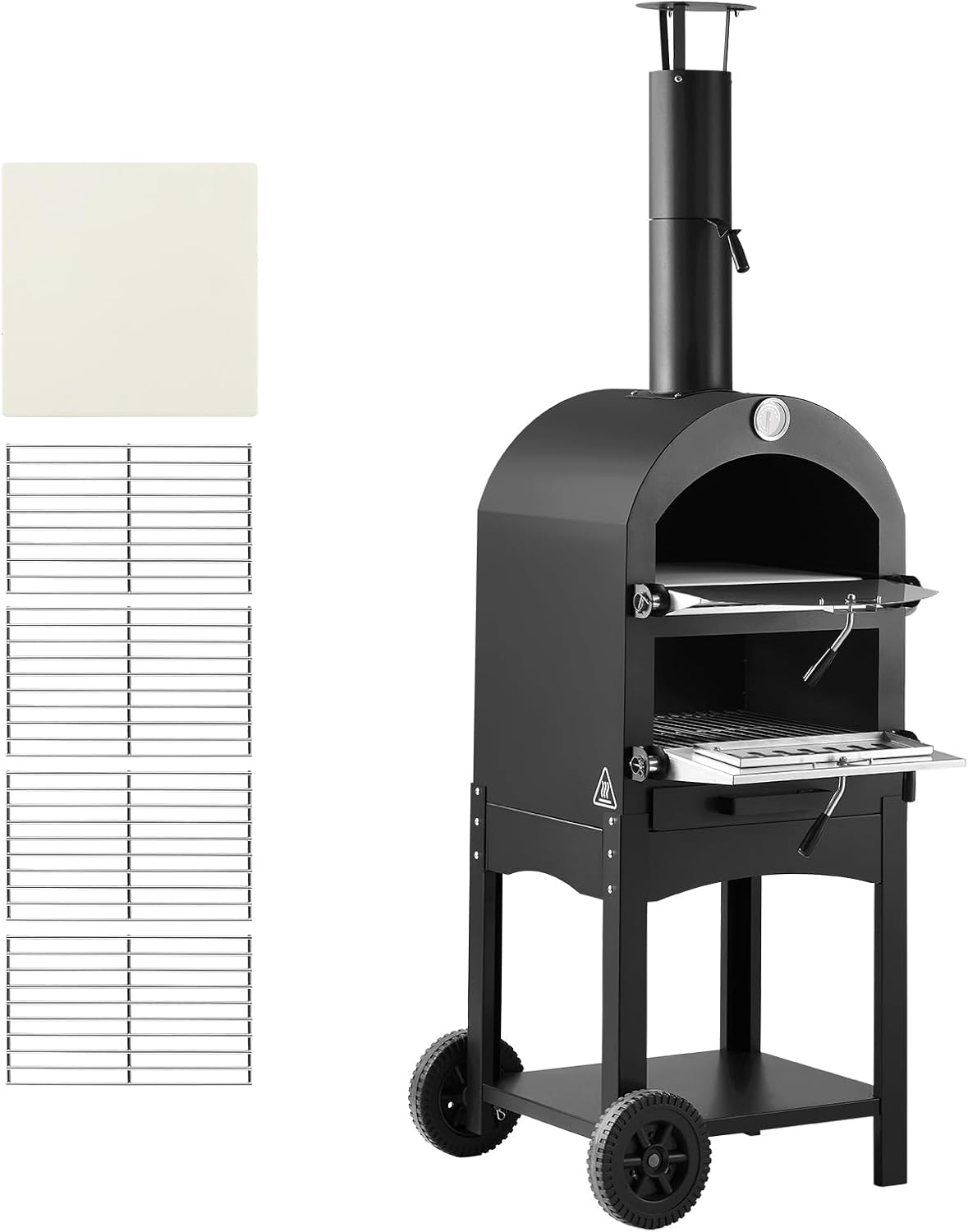 VEVOR Portable Outdoor Oven, 12-inch Stand Pizza Oven with Casters, Pellet & Chips & Charcoal & Firewood Four Fuel, Baked Paint Pizza Grill, Includes Pizza Stone, Pizza Shovel, for Camping & Backyard