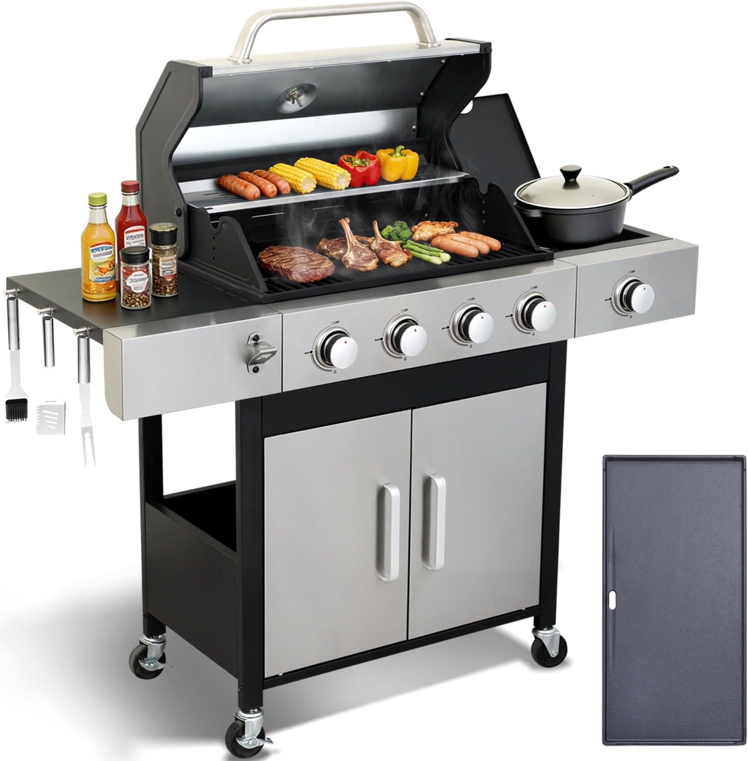 4 Burner Propane Gas Grill, 49,000 BTU Outdoor BBQ Grill with Cast Iron Grates & Griddle Combo, Large Cooking Area with Side Burner, Pullout Grease Tray, Portable for Backyard Patio