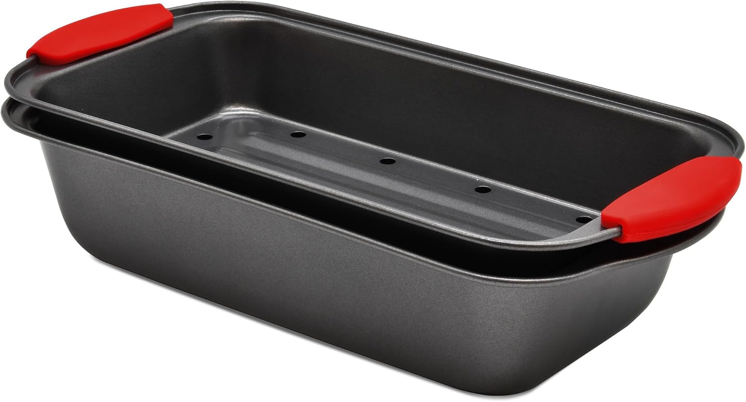 PERLLI Nonstick Meatloaf Pan with Drip Tray Insert – High-Carbon Steel Bakeware with Silicone Grips – Ideal for Baking Bread, Cake, and Roasting Meat in the Oven – 2-Piece Set