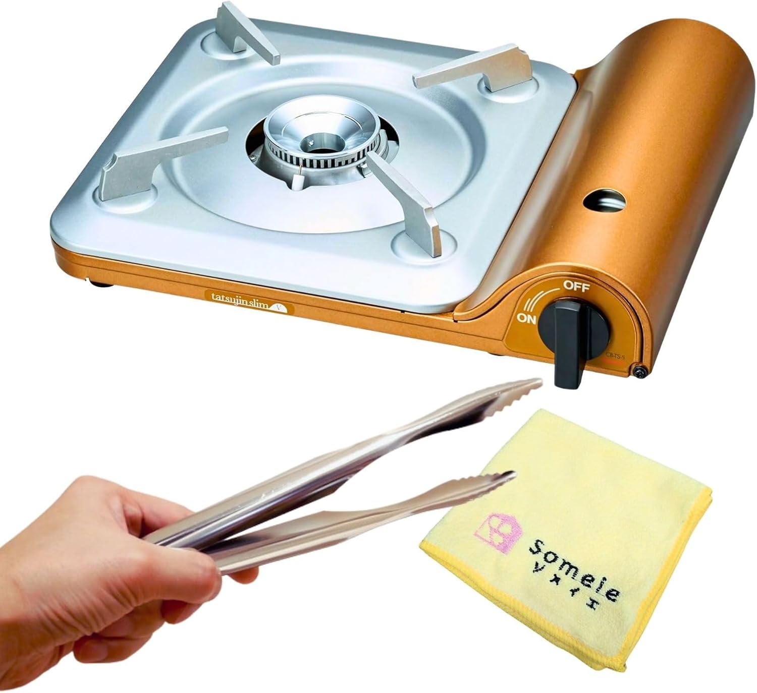 Iwatani Portable Butane Stove “Tatsujin” SlimⅤ CB-TS-5 ＆ Stainless Tongs ＆ microfiber towel – Made in Japan ｜ Single Burner Butane Stove