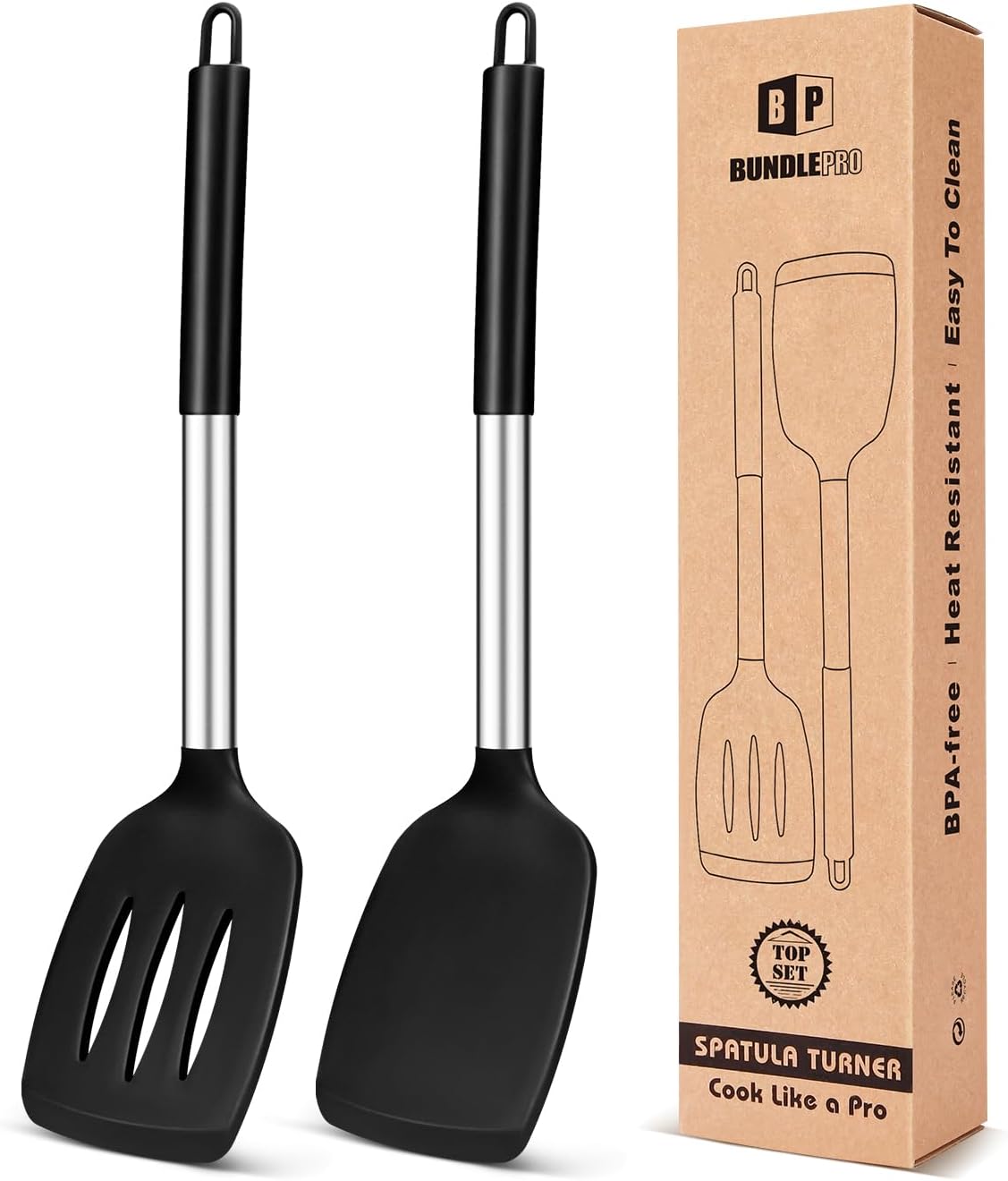 Pack of 2 Silicone Solid Turner, Non Stick Slotted Kitchen Spatulas, High Heat Resistant BPA Free Cooking Utensils, Ideal Cookware for Fish, Eggs, Pancakes(Black)