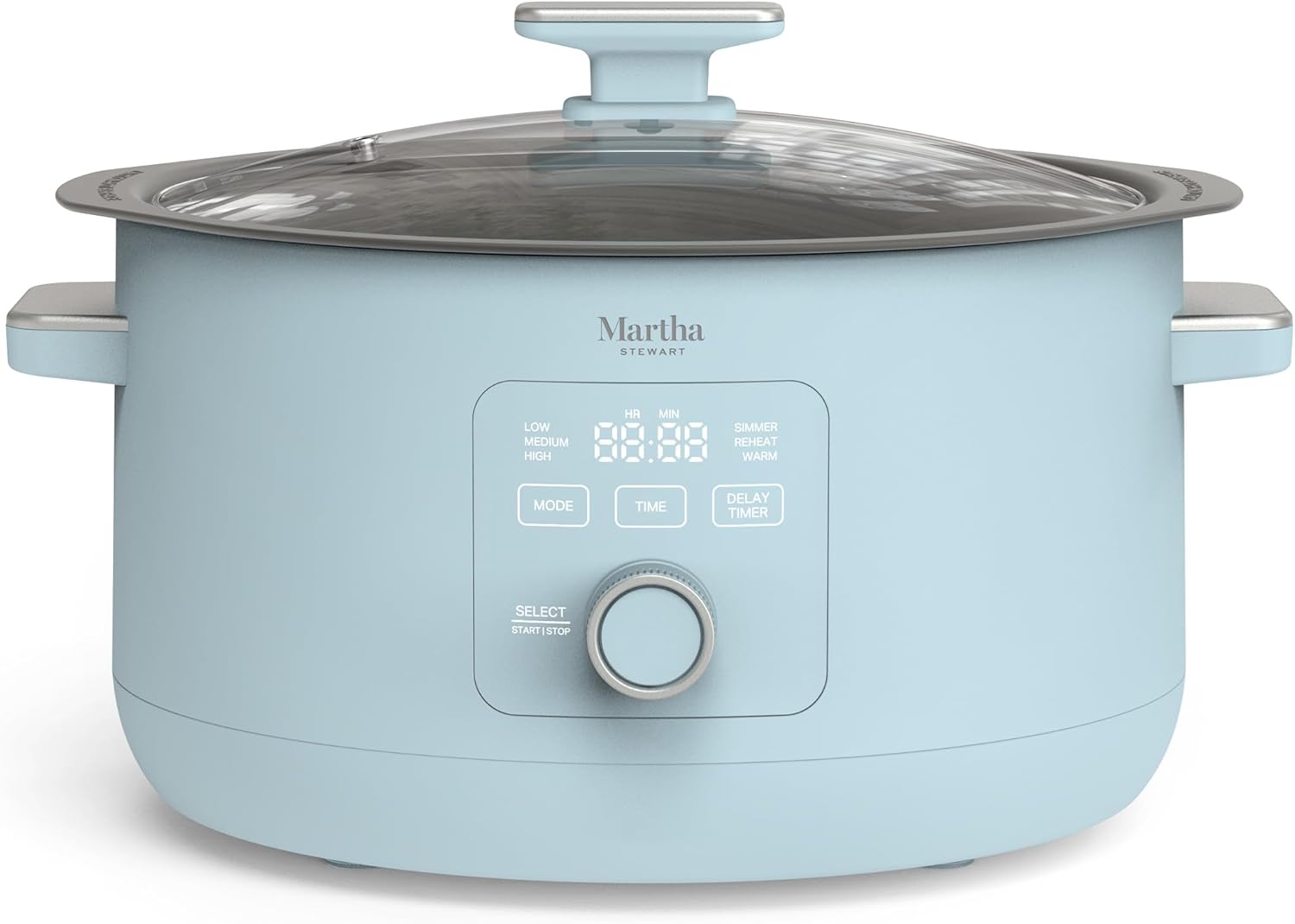 Martha Stewart 8 QT Slow Cooker, Programmable with Timer, 3 Heat Settings (Low, High, Warm), Nonstick Ceramic Removable Crock, Stovetop & Oven Safe, Glass Lid, Simmer, Reheat, Warm, Sky