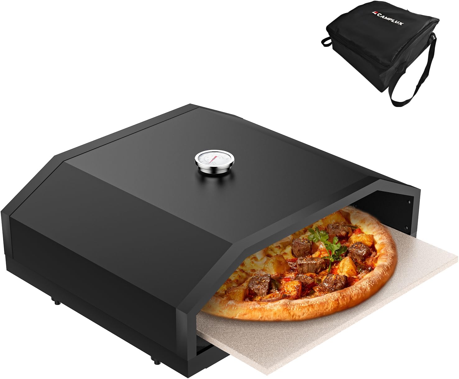 CAMPLUX 17 Inches Pizza Oven for Grill with Storage Bag and 14.8″×13″ Cordierite Stone, Grill Top Pizza Oven Built-in Thermometer, Compatible with Propane & Charcoal Grill for Crispy Homemade Pizza