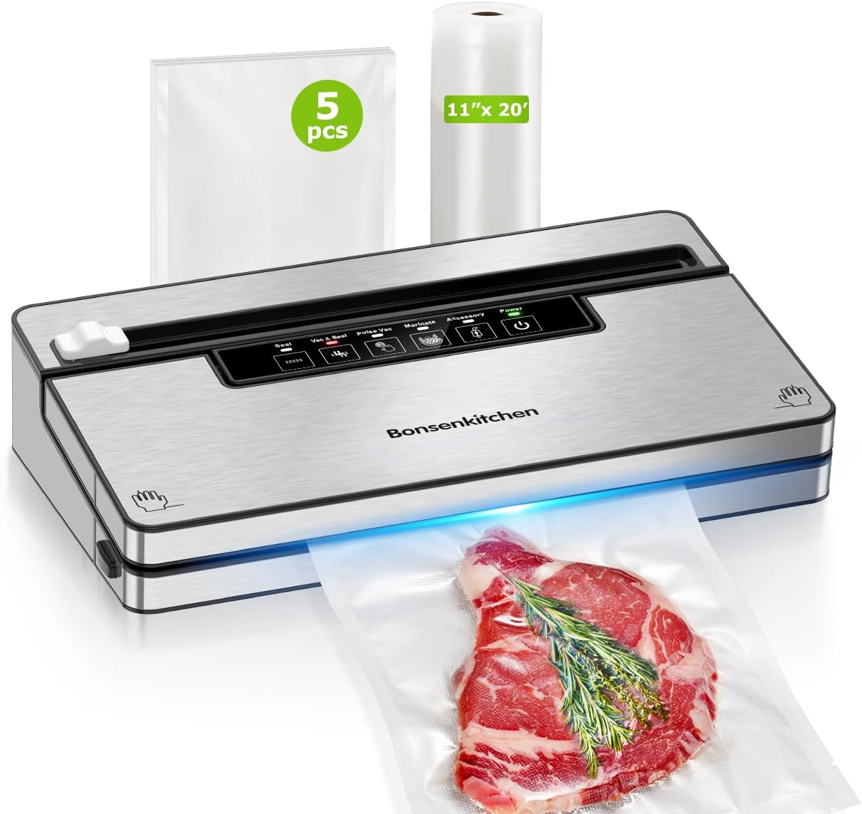 Bonsenkitchen Vacuum Sealer Machine, Stainless Steel Food Sealer Vacuum Sealers with 1 Roll & 5 Bags, 5 Food Vacuum Modes, Built-in Cutter & Bag Storage (Silver Black)