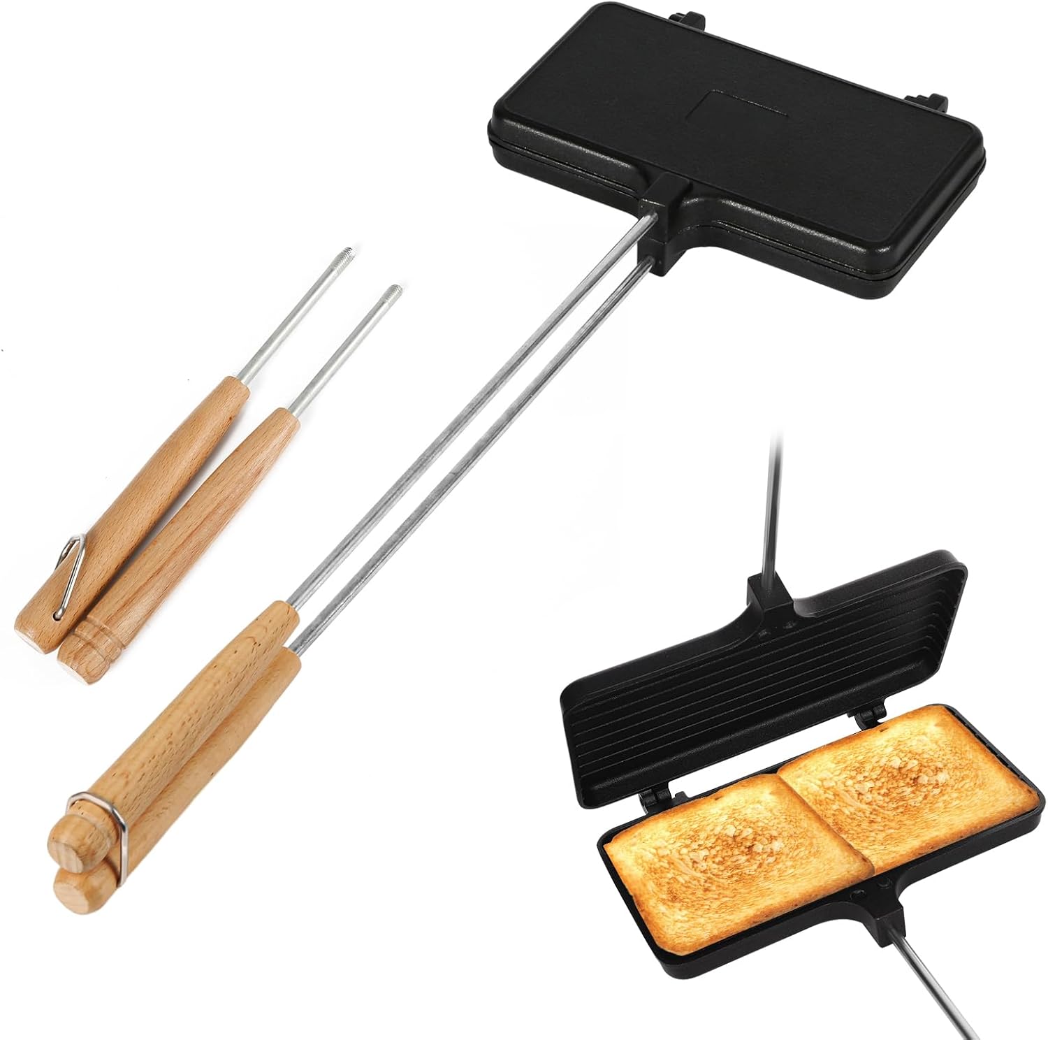 PEUTIER Double Pie Irons, Non-Stick Pie Irons for Camping Cast Iron with 4 Removable Handles Portable Campfire Sandwich Maker Mountain Pie Maker, Do not Grill Directly on Charcoal