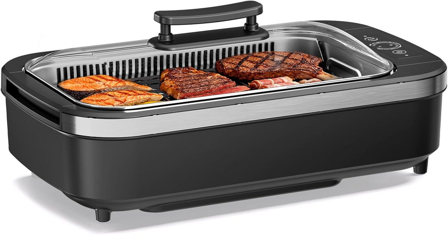 Electactic Electric Smokeless Indoor Grill & Griddle, Nonstick Contact Grill, Dishwasher Safe Parts, 6-Level Temperature Control with Auto Shut-Off, for Kitchen, Apartment, Indoor Cooking