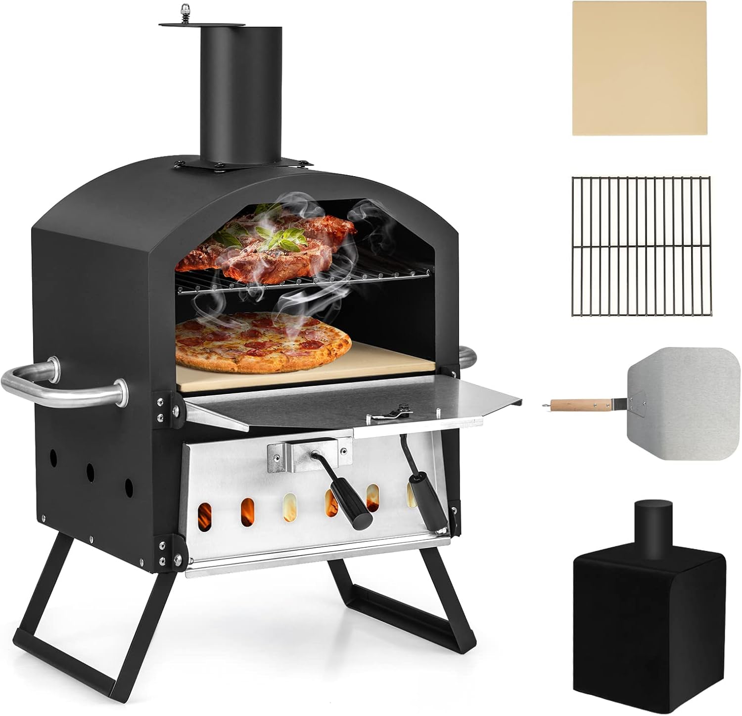 COSTWAY Picnic Outdoor Pizza Oven, Wood Fire Stone with Peel, Waterproof Cover, Fold-up Legs, Portable Stainless Steel Pizza Maker for Camping, Black + Silver
