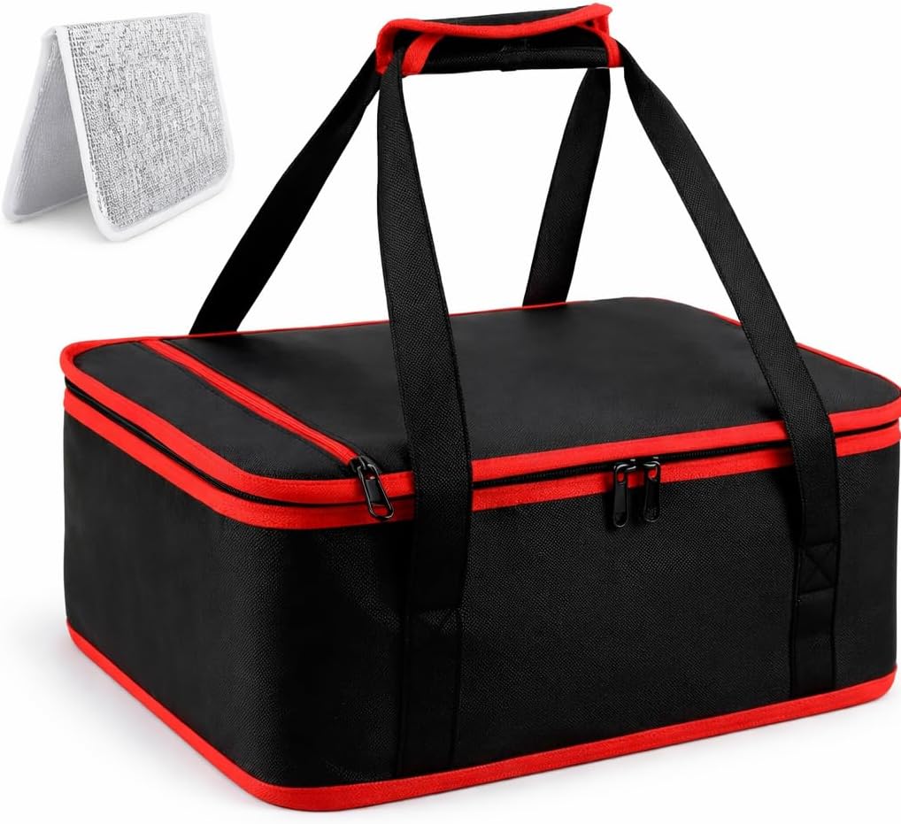 Insulated Resuable Casserole Carrier Bag for Hot or Cold Food, Foldable Portable Prep Carrier, Thermal Food Transport Bag for 9”x13” & 11”x15” Baking Pan, Travel Picnic Cake Dessert lunch, Black