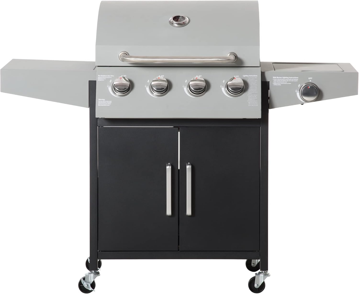 Outsunny 4 Burner Propane Gas Grill with Side Burner, 48,000 BTU Steel Outdoor Barbecue Grill with Cabinet, Shelf, Warming Rack, Thermometer, Wheels, Silver