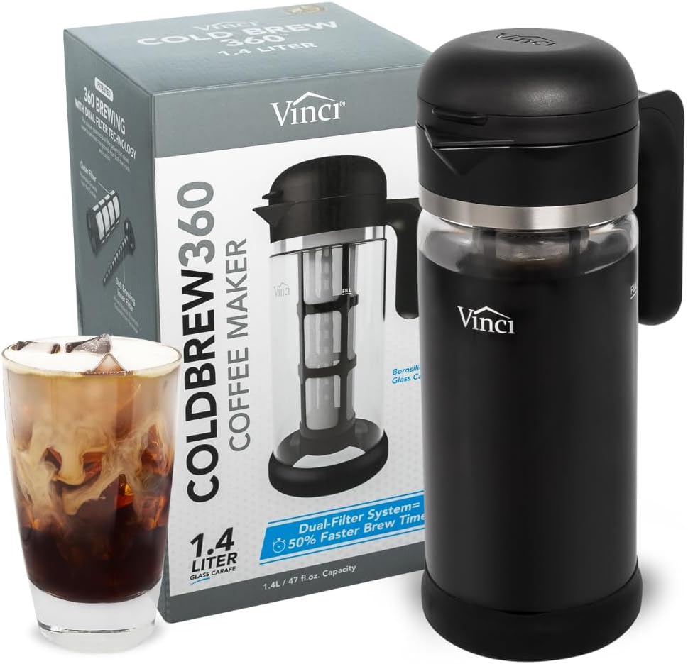 VINCI Cold Brew 360 Glass Coffee Maker – Patented Dual Filter Technology for Faster Brewing – Iced Coffee Pitcher (1.4 Liter / 47 oz)