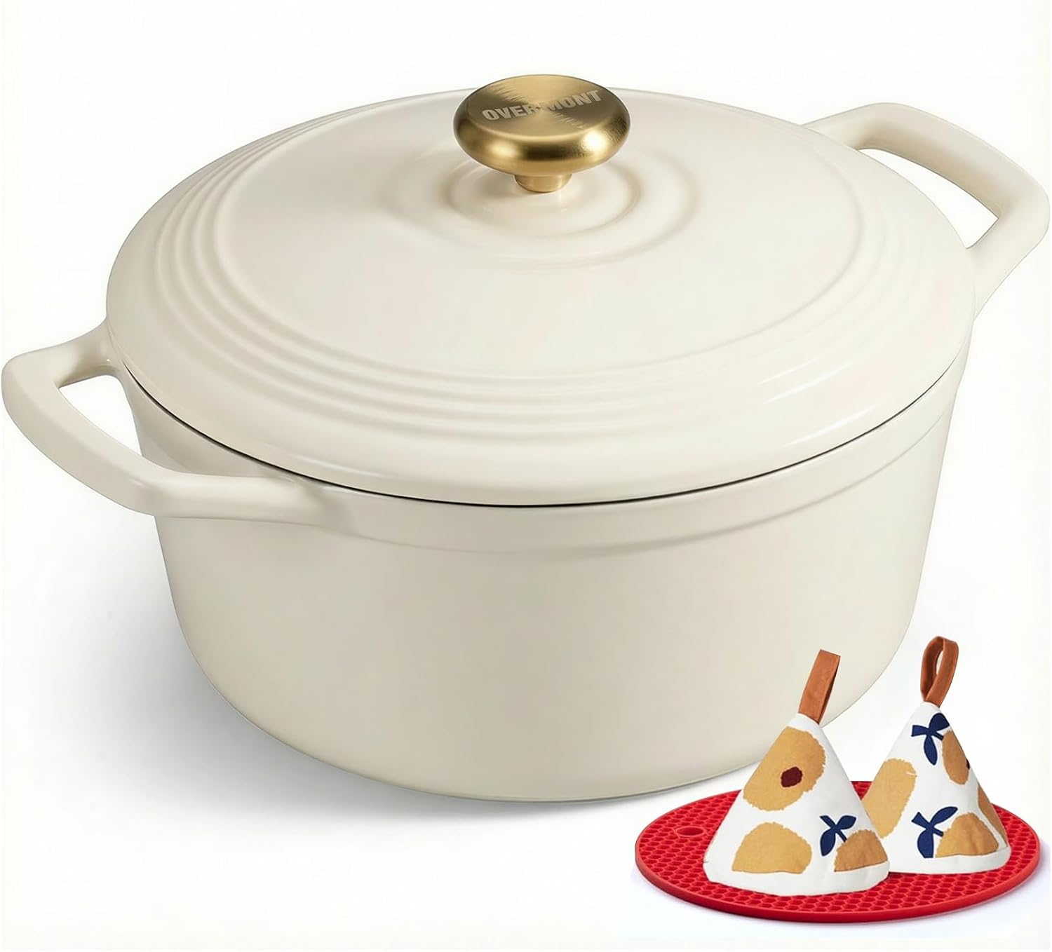 Overmont Enameled Cast Iron Dutch Oven – 5.5QT Pot with Lid Cookbook & Cotton Potholders – Heavy-Duty Cookware for Braising, Stews, Roasting, Sourdough Baking White
