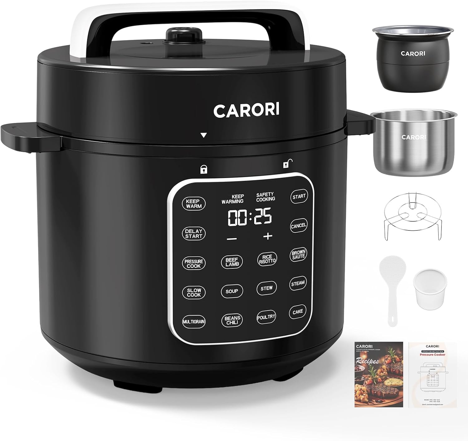 Carori Dual Pot Electric Pressure Cooker, 9-in-1 Multi-Cooker 6 Qt with 2 Inner Pots (Stainless Steel & Nonstick), 12 Programs, Slow Cook, Rice Cook, Steamer, Black