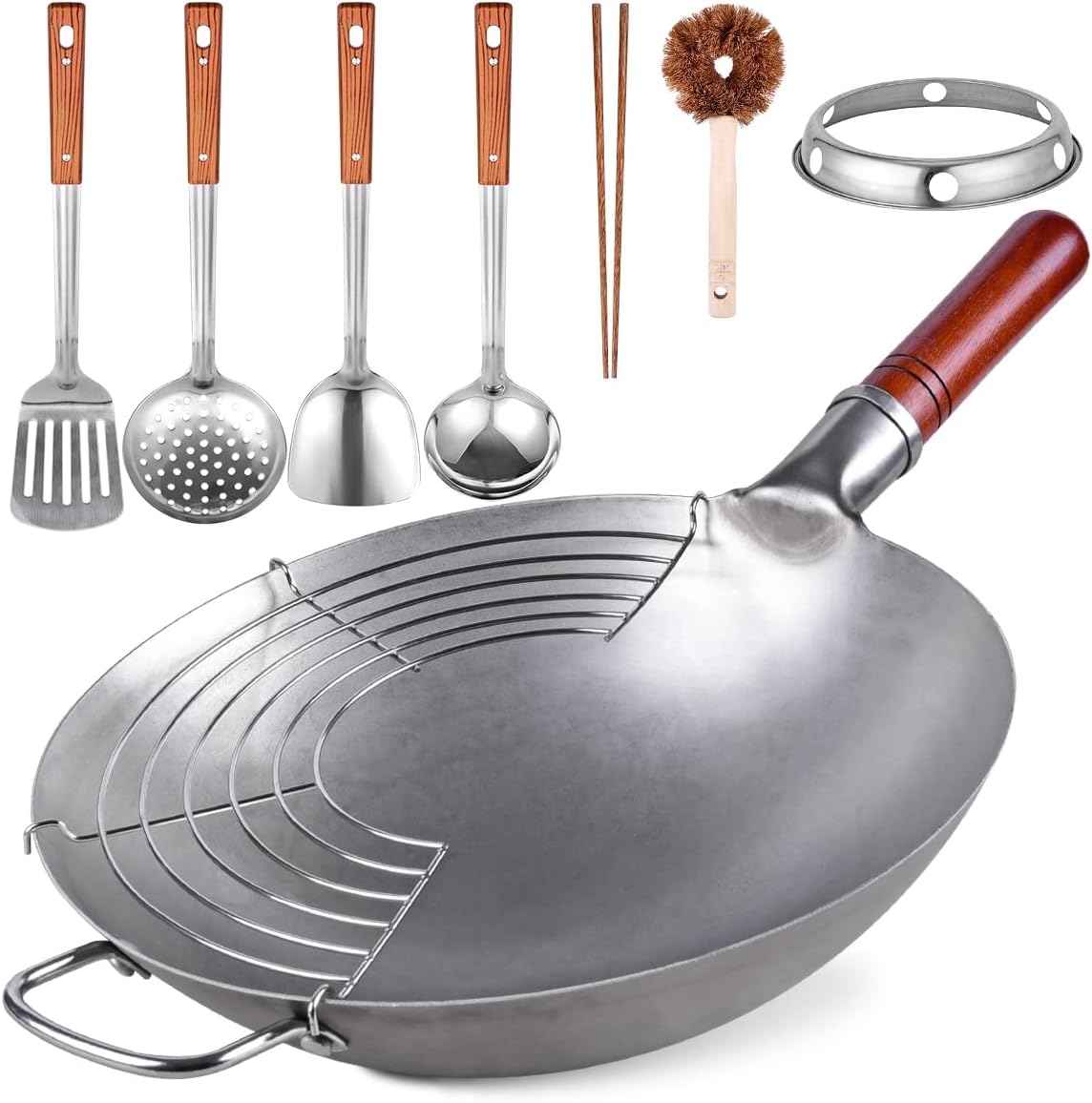 Teewe Carbon Steel Wok Traditional Hand Hammered – 13.4″ Chinese Woks Round Bottom Wok Pan Set with 8 Pcs Cookware Accessories