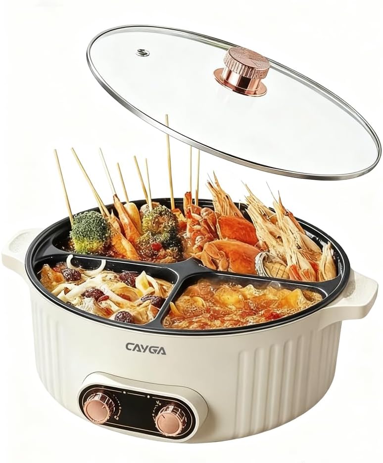 Electric Hot Pot Cooker with Divider, 4 Compartment Hotpot Pot, 2000W Shabu Shabu Pot Electric with Non-Stick, 5Qt Hot Pots for Indoor Cooking, Family Party