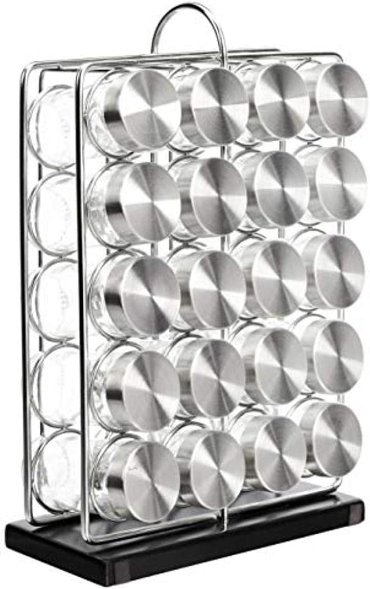 Amazon Basics 20 Jars Spice Rack Organizer, Space-Saving Kitchen Organizer with Glass Spice Jars, Sturdy, Silver