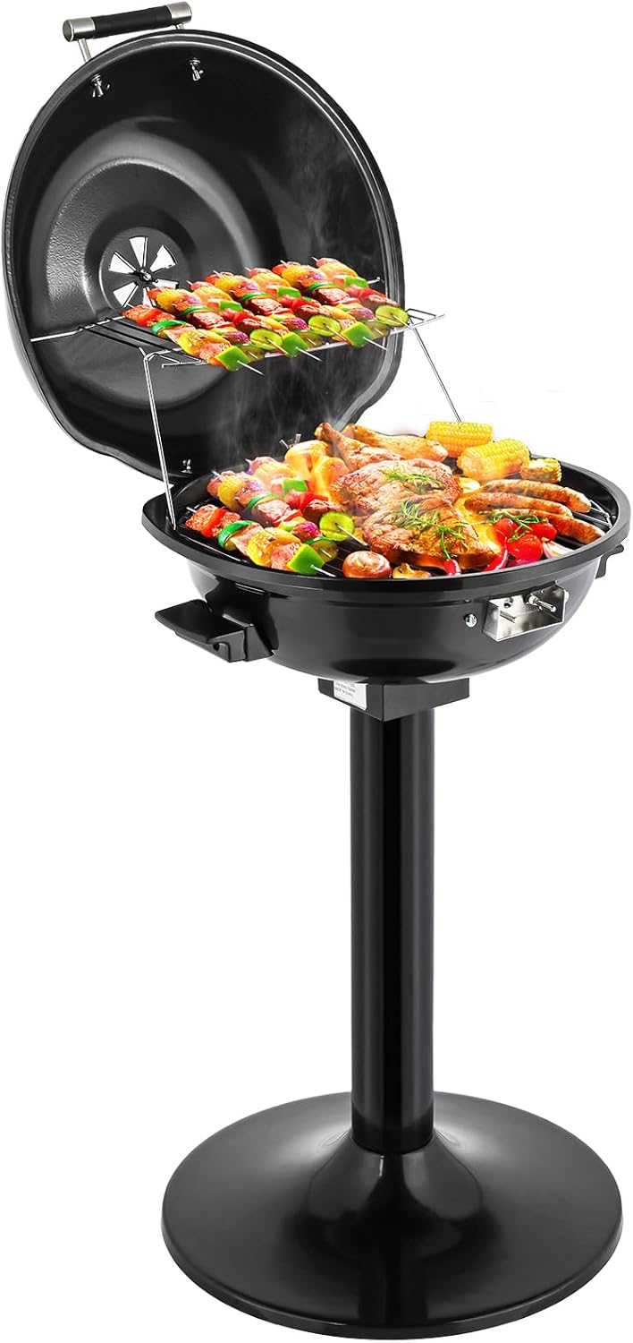 ROVSUN 1600W Vertical Electric Grill with Lid, Red 304 Stainless Steel Grill w/Detachable Pull-out Drip Tray, Double Layer Design, Portable & Removable, for Indoor and Outdoor Use (Black Vertical)