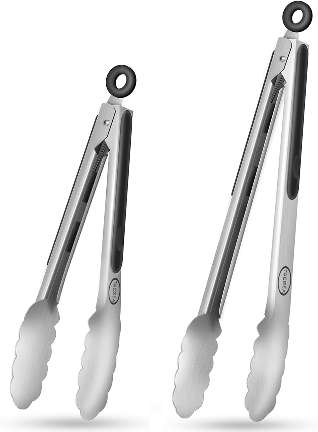 TACGEA Stainless Steel Kitchen Tongs, Silicone Non-slip Grip, Locking Grilling Food Tongs Set of 2, 9-inch & 12-inch