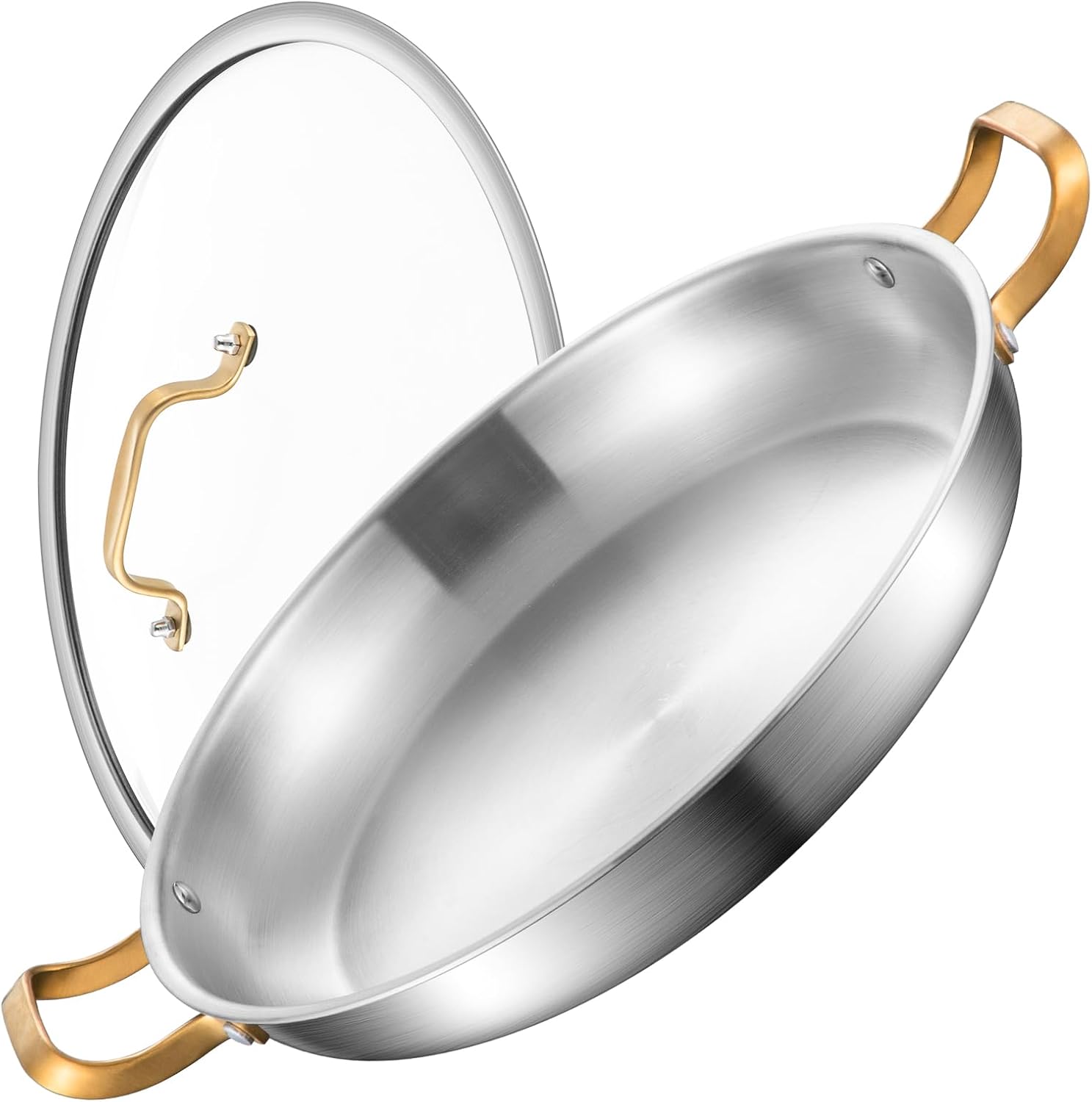 Yeksum 14 Inch Stainless Steel Paella Pan with Lid,Frying Pan, Tri-Ply Even Heating, Induction Ready & Dishwasher Safe – Great for Camping, Parties, Family Gatherings