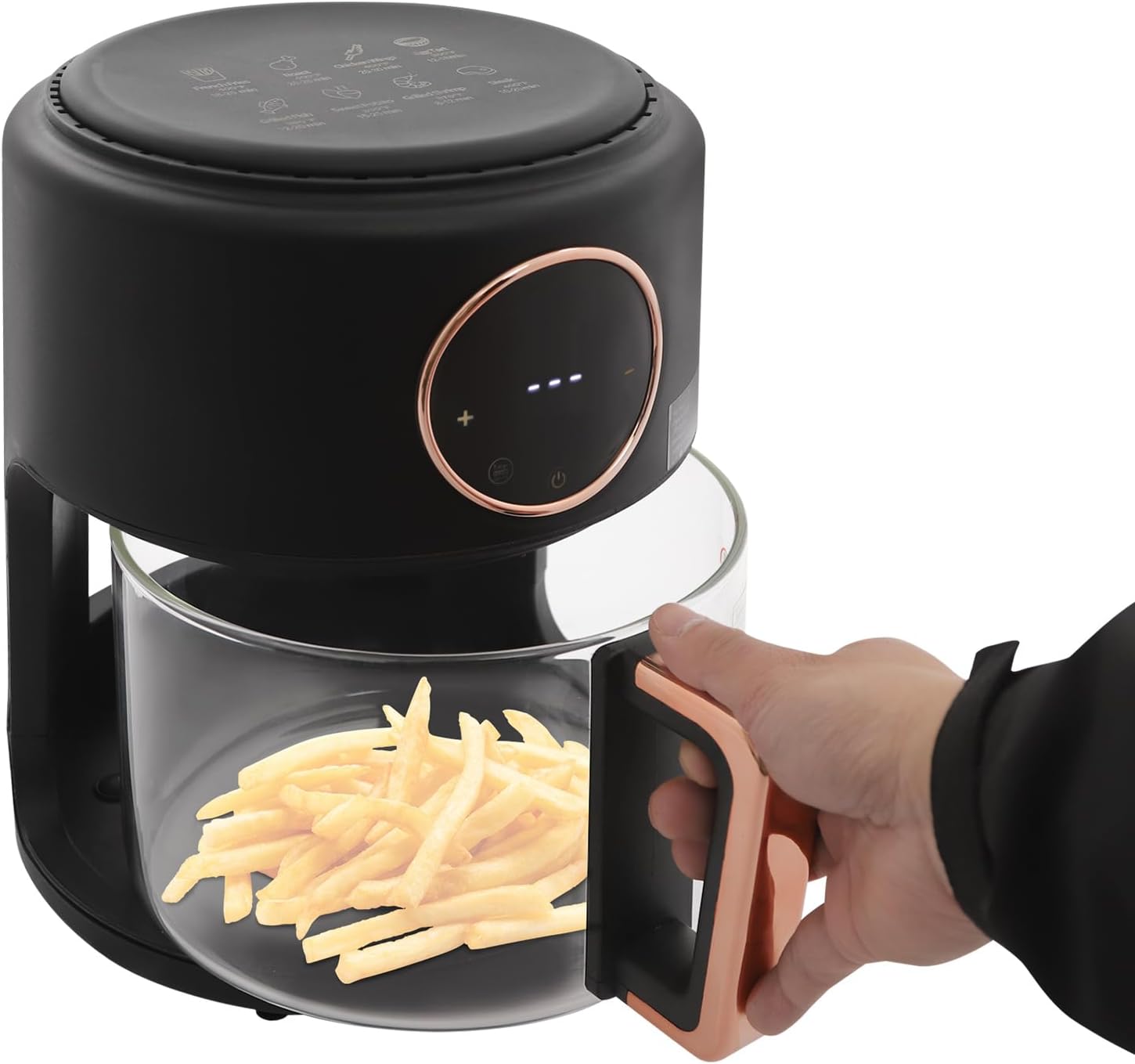 3.81Qt Airy Fryer 1200W Glass Cylinder Air Fryer Adjustable Temp 176℉-392℉, 60 Min Timer 360°Viewable Glass Basket, Digital Display, Nonstick for Family/Outdoor Use (Black) (Black)
