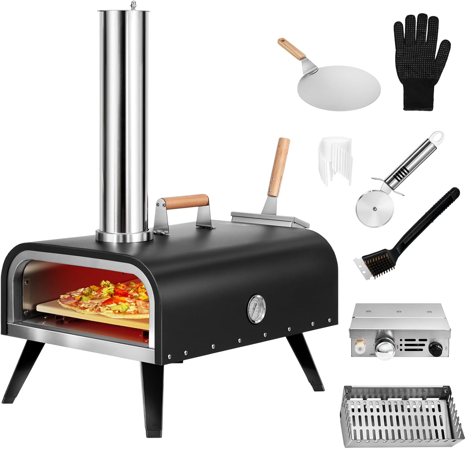 Outdoor Wood Fired Gas 12” Pizza Oven Multi-Fuel, Gas Burner, Wood Tray, Portable, Oven Grill, Outside, Backyard, Pizza Maker, oven gloves, Peel, Cutter (Gas Fire)