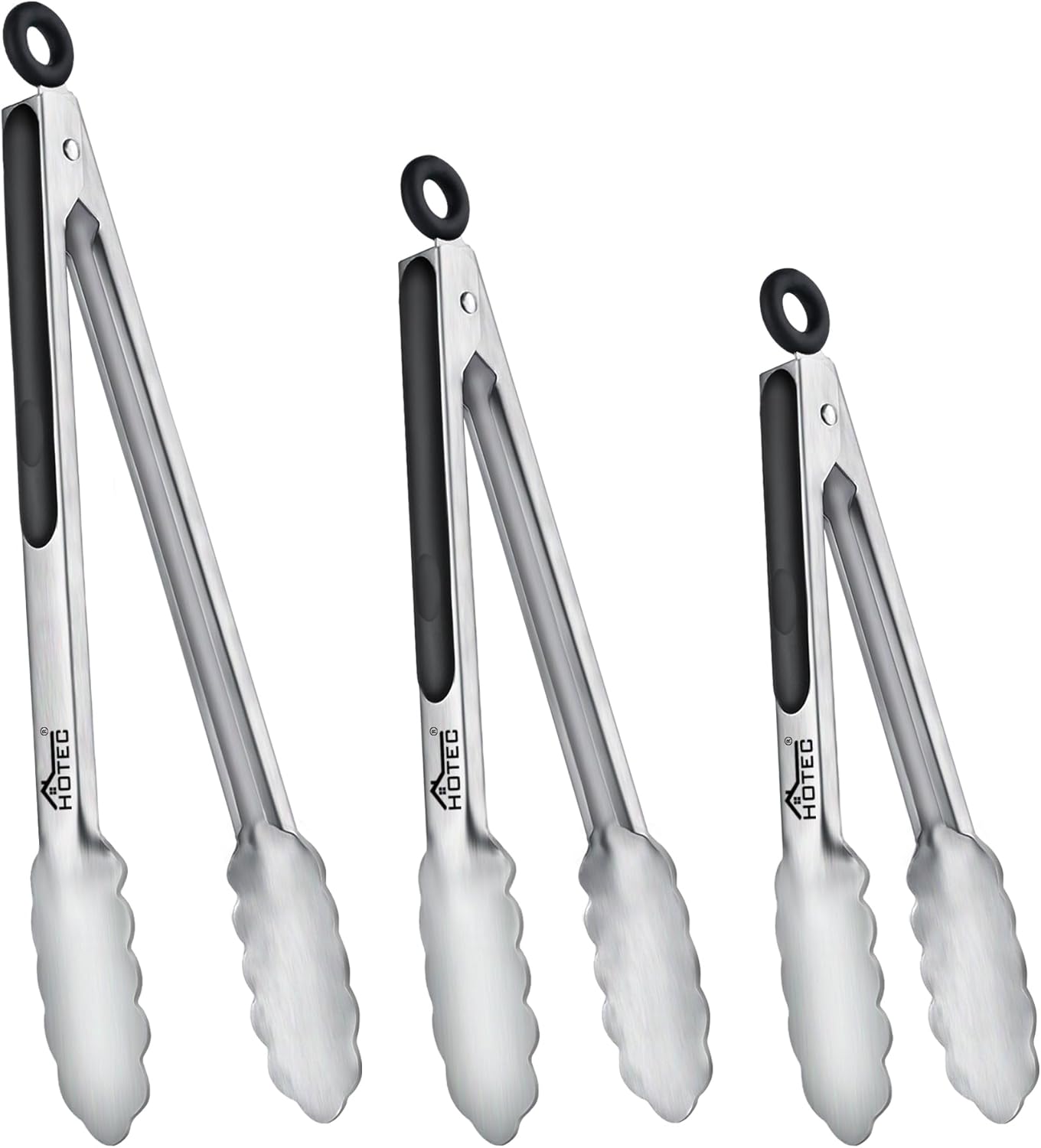 Hotec Stainless Steel Kitchen Tongs, Set of 3-7″, 9″ and 12″, Locking Metal Food Tongs for Cooking, Serving, BBQ, Grill with Non-Slip Grip