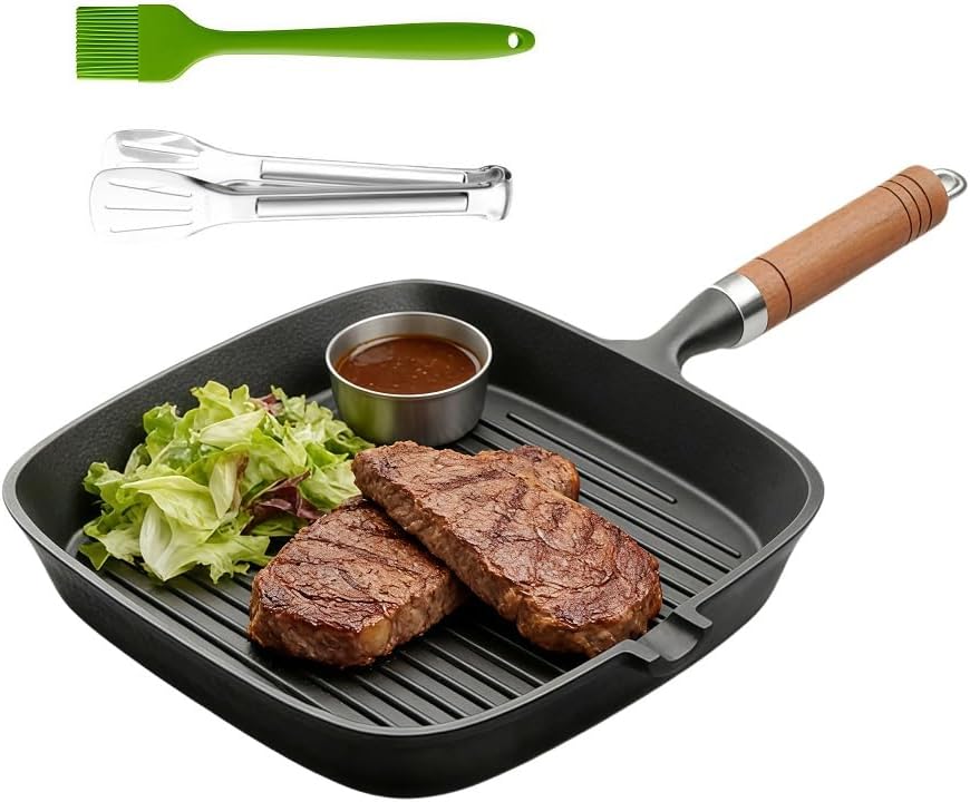 9 Inch Cast Iron Grill Pan for Stove Top, Square Skillet Griddle Pan with Tong & Oil Brush, Grilling Pan for Indoor Cooking & Outdoor Grill, PFOA Free