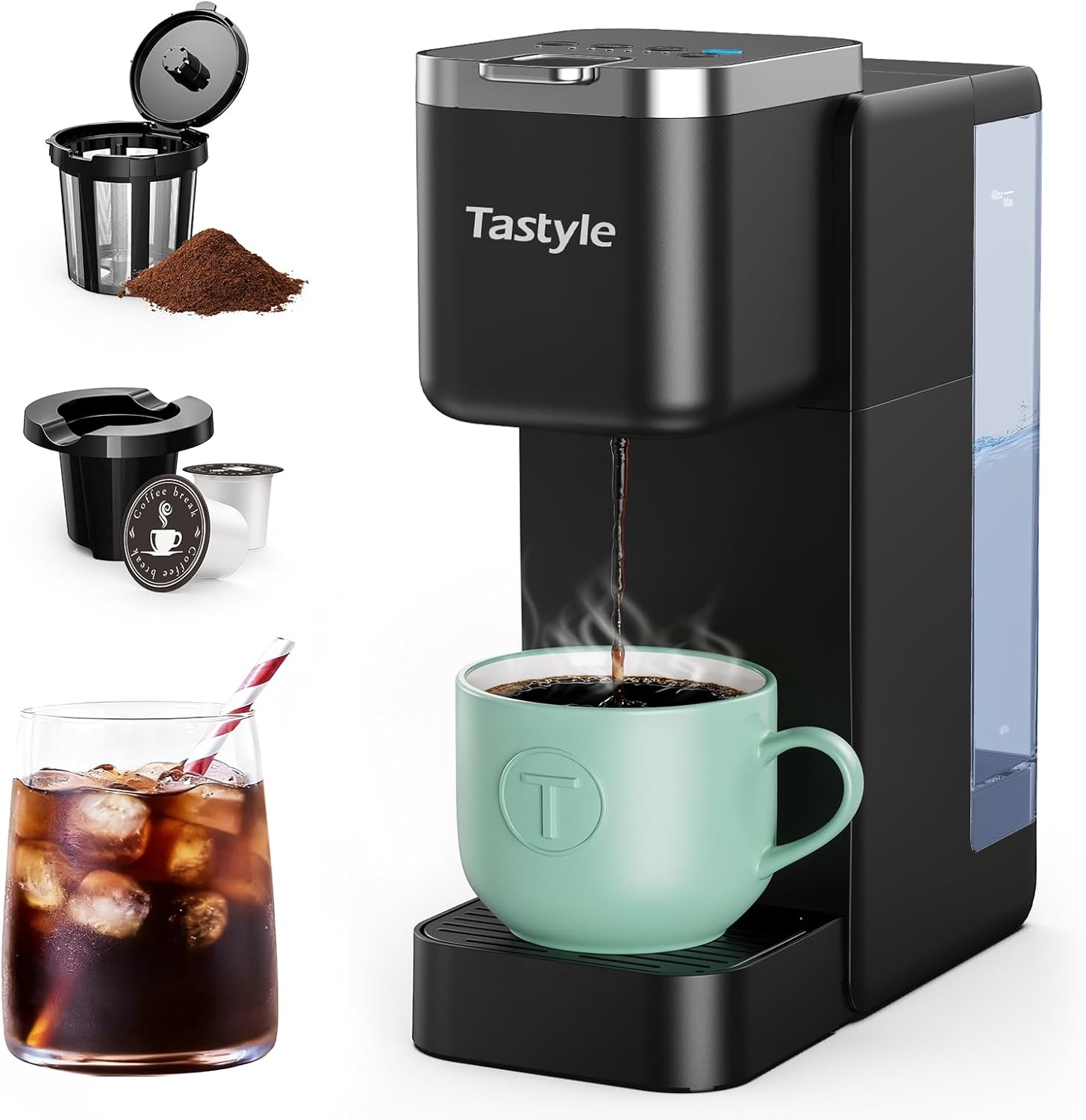 Tastyle Single Serve Coffee Maker, Iced and Hot Coffee Machine for K Cup & Grounds, Compact Design, 40oz Removable Water Reservoir, 6 to 24 Oz Brew Sizes, Fits 7.3″ Travel Mug, Black