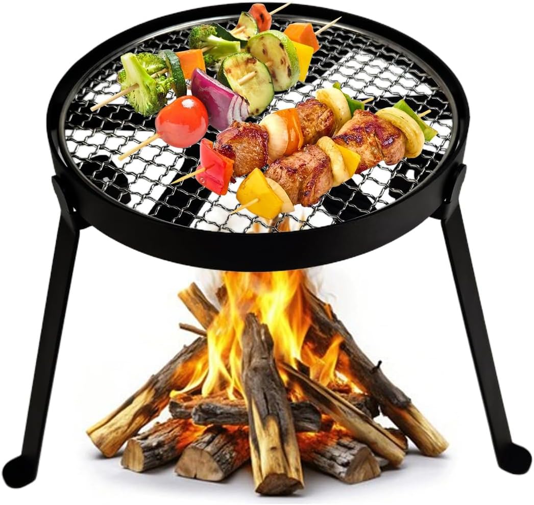 YBTMG Heavy Duty Camping Tripod Stand, Cast Iron Fire Pit Stand with 304 Stainless Steel Grill for Dutch Oven Tripod