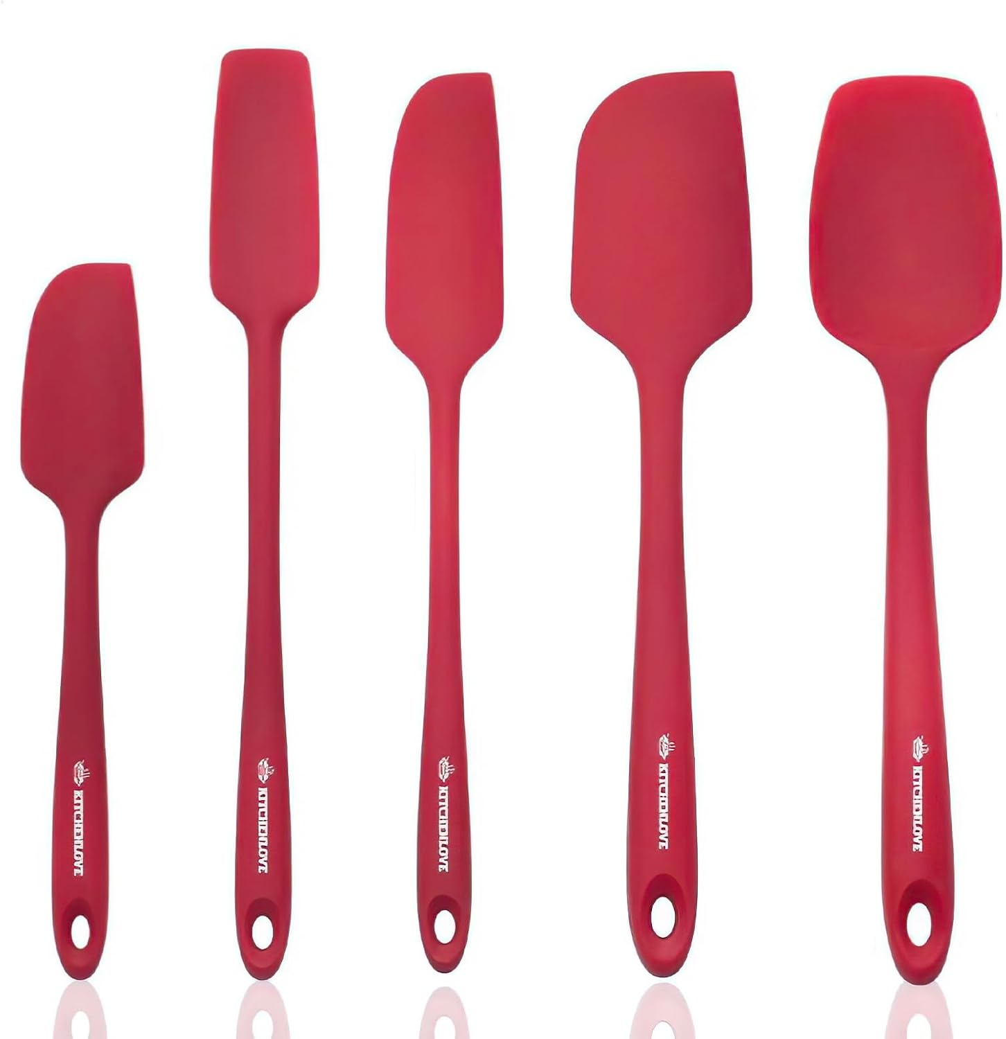 KITCHENLOVE Premium 600°F Heat Resistant 5 Piece Silicone Spatula Set for Baking, Cooking, Mixing – Non-Stick with High Grade S-Iron Steel Core – One Piece Seamless Design – BPA Free (Red)