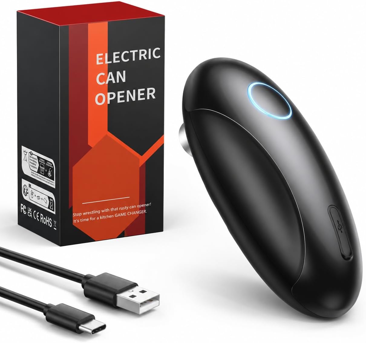 Rechargeable Electric Can Opener for Seniors & Arthritis, Automatic One-Touch Operation, Smooth Edge Cutting with Auto Stop & Magnetic Lid Lifter, Hands-Free, USB-C, Compact, Black