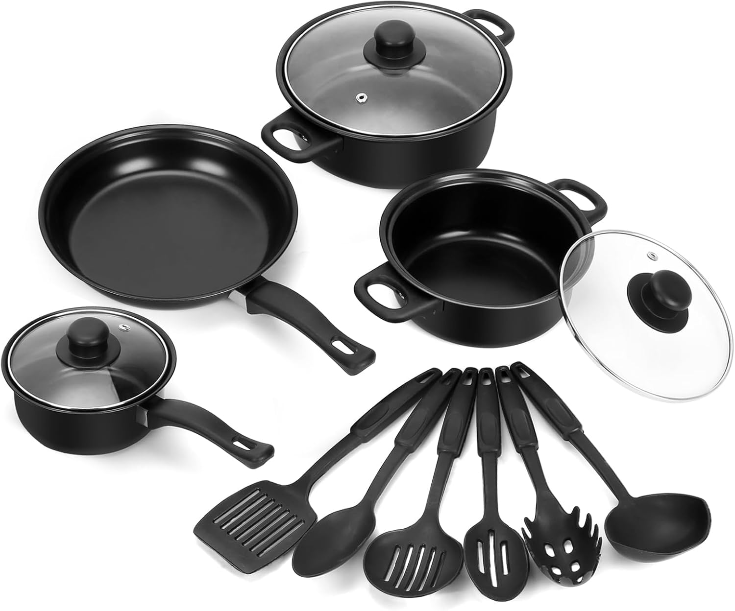 13 Piece Non-Stick Cookware Set, Portable Lightweight Cast Iron Pots and Pans with Glass Lids and Nylon Utensils for Outdoor Camping Picnic Travel Cookware