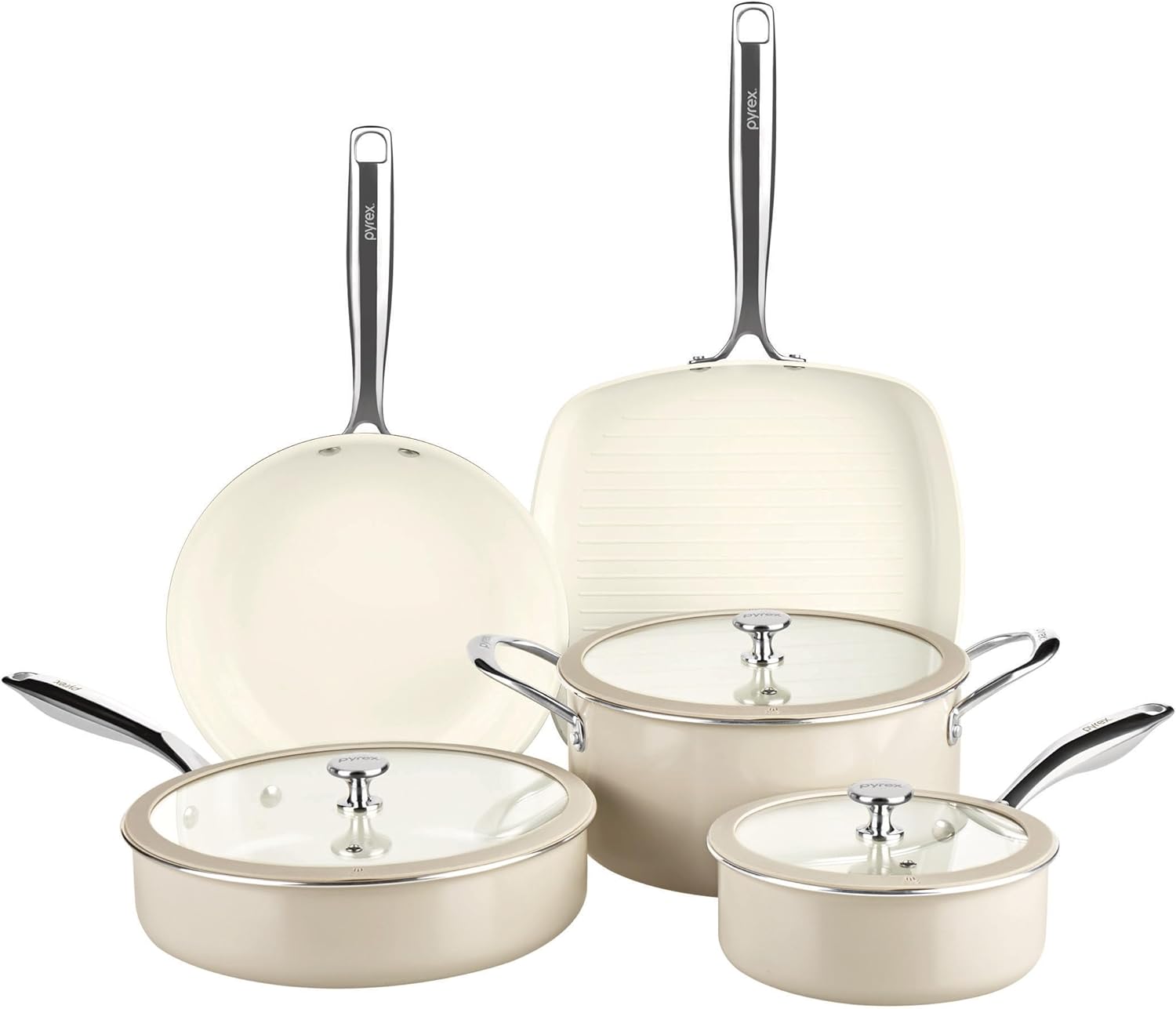 Pyrex 8-Piece Ceramic Cookware Set, Pots and Pans with Lids & Stainless Steel Handles, Healthy Nonstick Ceramic Coating, Induction Compatible Stainless Steel, PFAS Lead Cadmium BPA Free