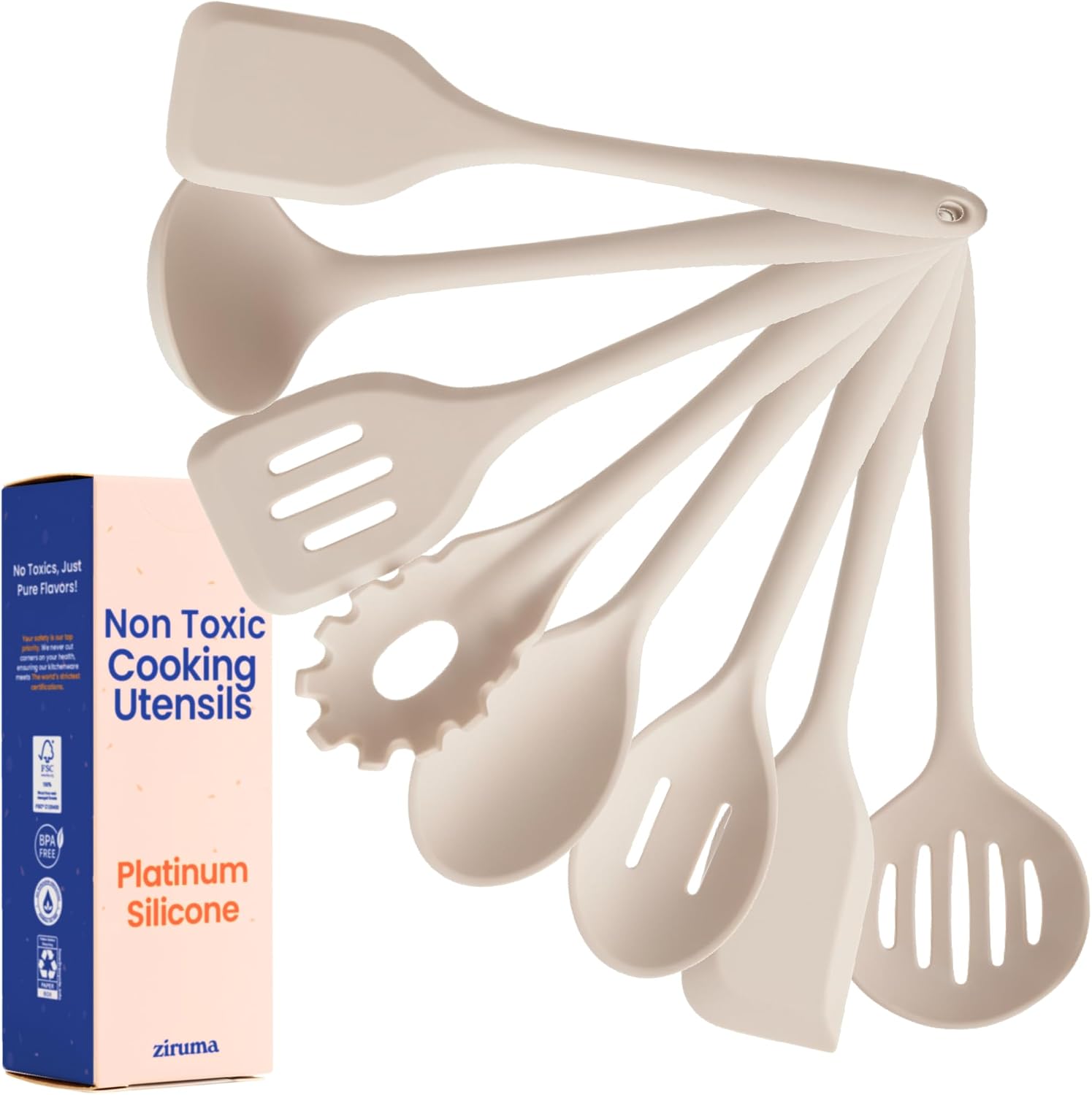 Ziruma NonToxic Platinum Silicone Utensils, 100% Plastic-Free, 8-Pcs, Beige | LFGB-certified platinum silicone. Plastic & BPA free. Heat resistant to 500°F. Non-scratch. Dishwasher safe. Longer handles.