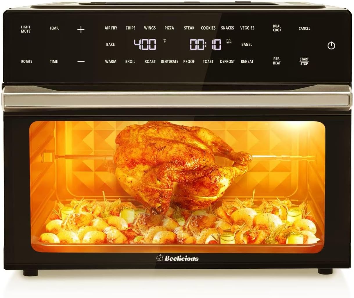 Beelicious 32QT Extra Large Air Fryer, 19-In-1 Air Fryer Toaster Oven Combo with Rotisserie and Dehydrator, Digital Convection Oven Countertop Airfryer Fit 13″ Pizza, 6 Accessories, Brownish Black