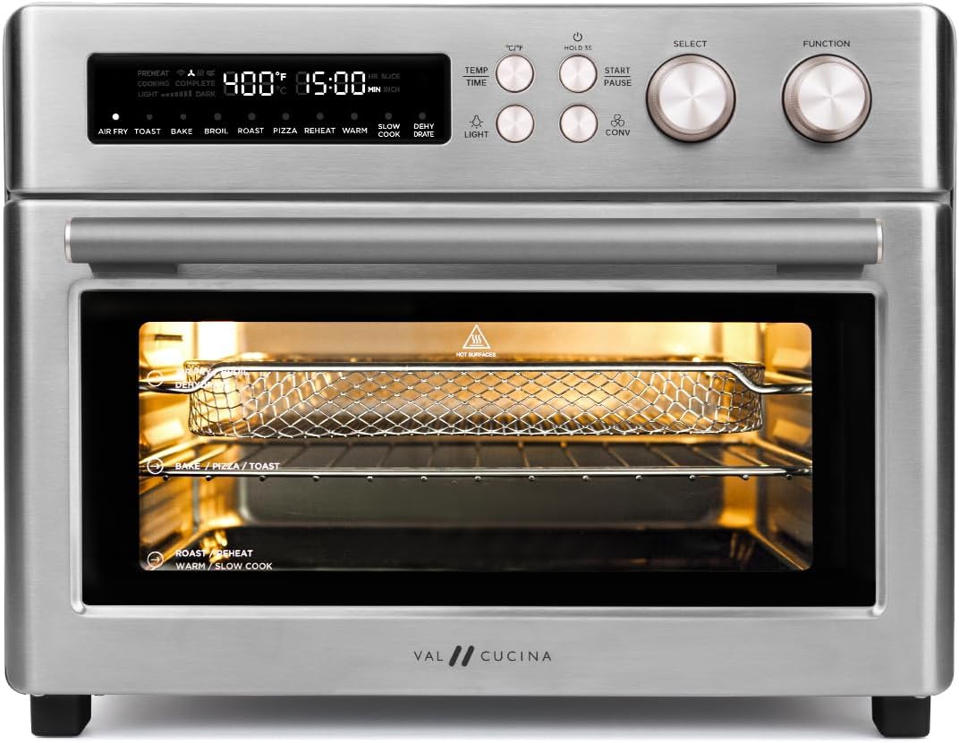 VAL CUCINA Infrared Heating 26.3 QT Air Fryer Toaster Oven, Large Countertop Convection Oven 10-in-1 Combo, 6-Slice Toast, Enamel Baking Pan Easy Clean with Recipe Book, Brushed Stainless Steel Finish
