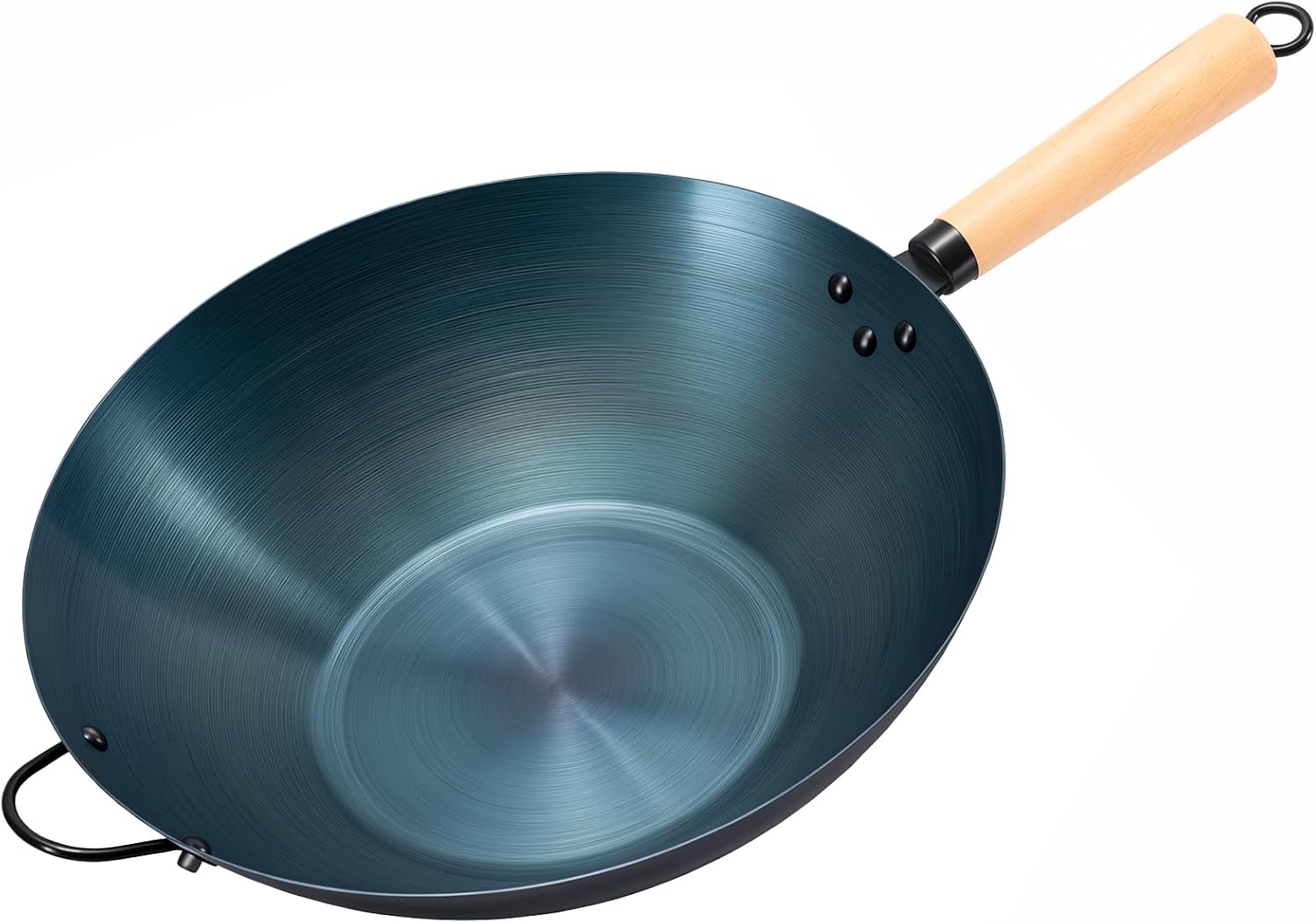 DUMOS 13.5″ Carbon Steel Wok Pan, No Chemical Coating, Pre-Seasoned Flat Bottom Pow Wok for Family Meals and Camping, Compatible with Induction, Electric, Gas, Open Fire, Blue