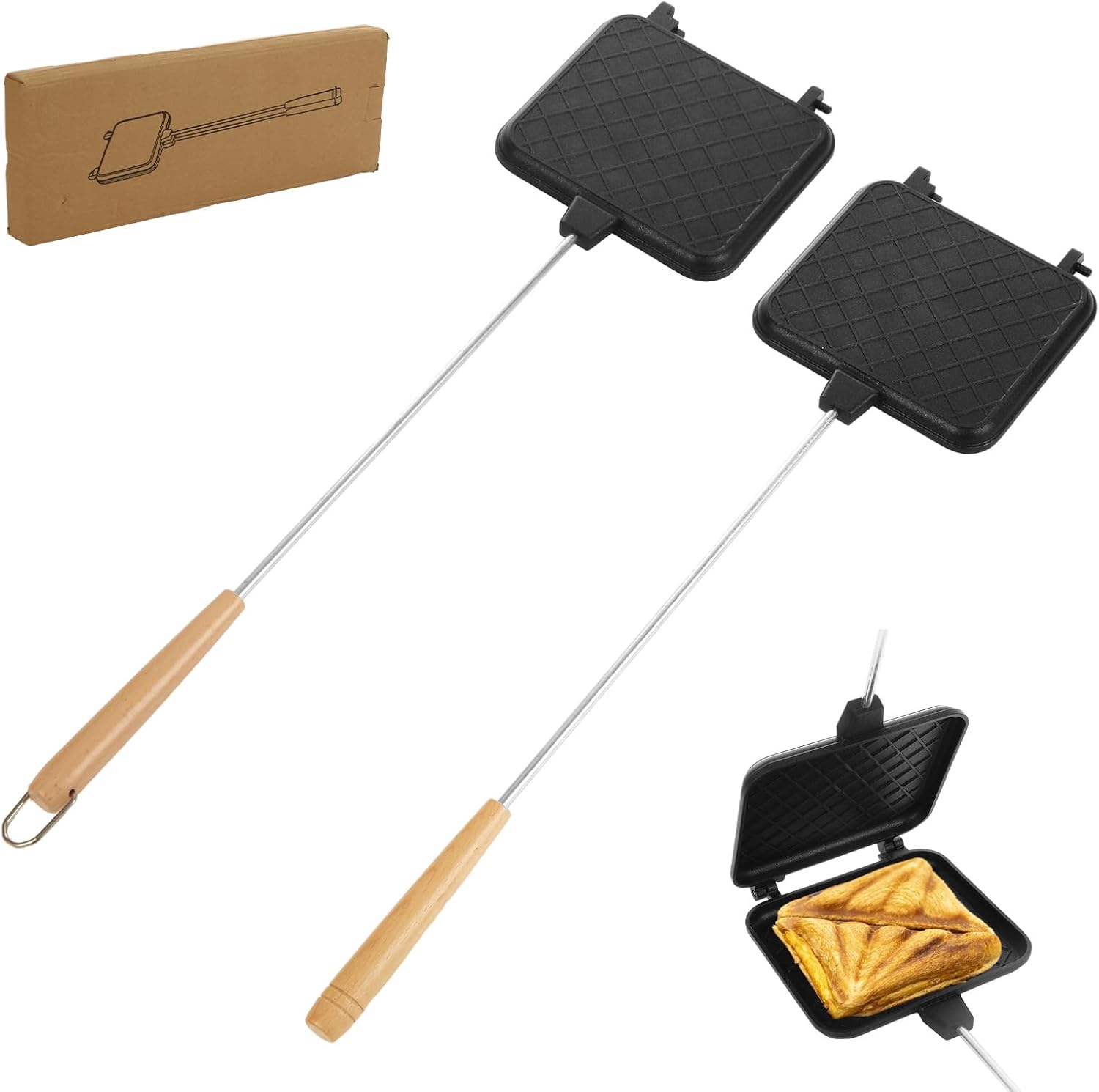 2 Pcs Pie Irons for Camping, 4.9″ Large Pie Iron with Detachable Handle, Mountain Pie Maker Cast Iron Sandwich Maker for Campfire Grilling & Outdoor Cooking