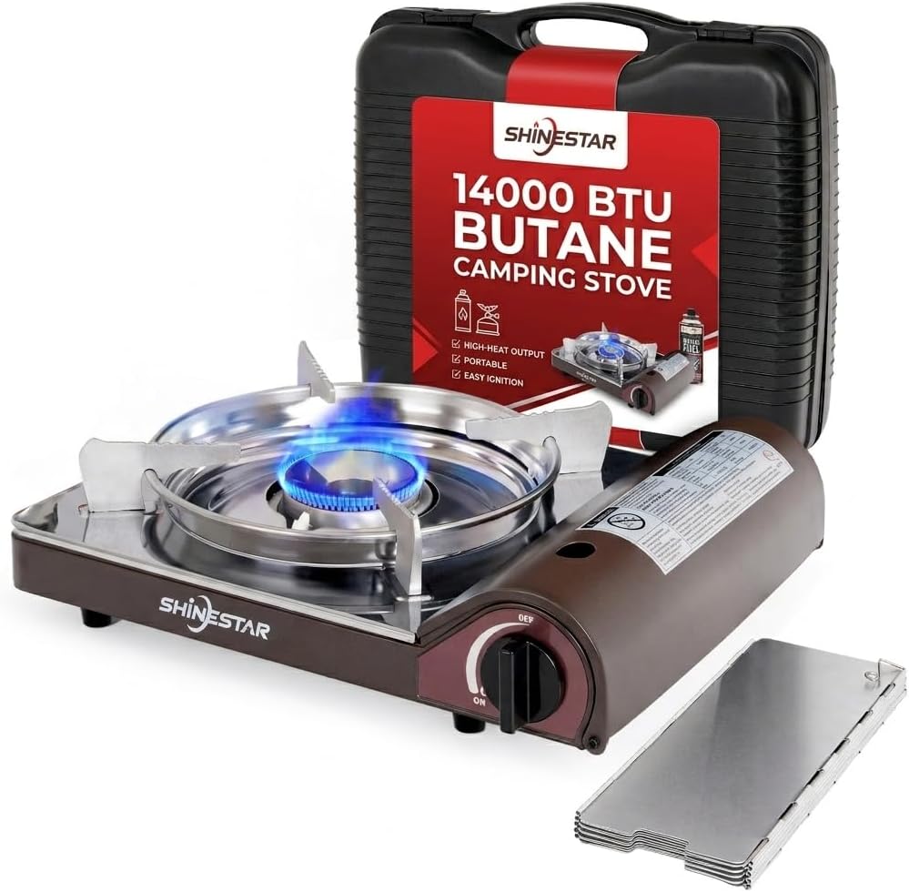 SHINESTAR 14000 BTU Butane Camping Stove, Portable Butane Stove with Brass Burner, One-Touch Piezo Ignition, Magnetic Safety Lock & Double Wind-Guard, Portable Gas Stove for Camping, RV, Emergencies