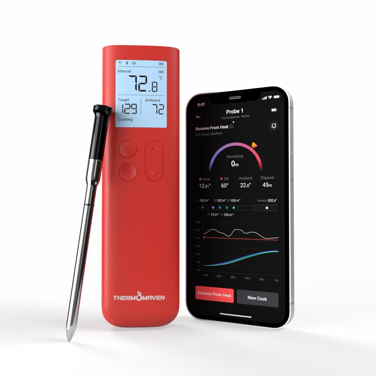 ThermoMaven Smart Bluetooth Wireless Meat Thermometer:Sub-1G Signal Stability, Standalone Display Base, Certified Accuracy of ±0.5°F, Unlimited WiFi Range for BBQ, Oven, Smoker, and Grill (Red)