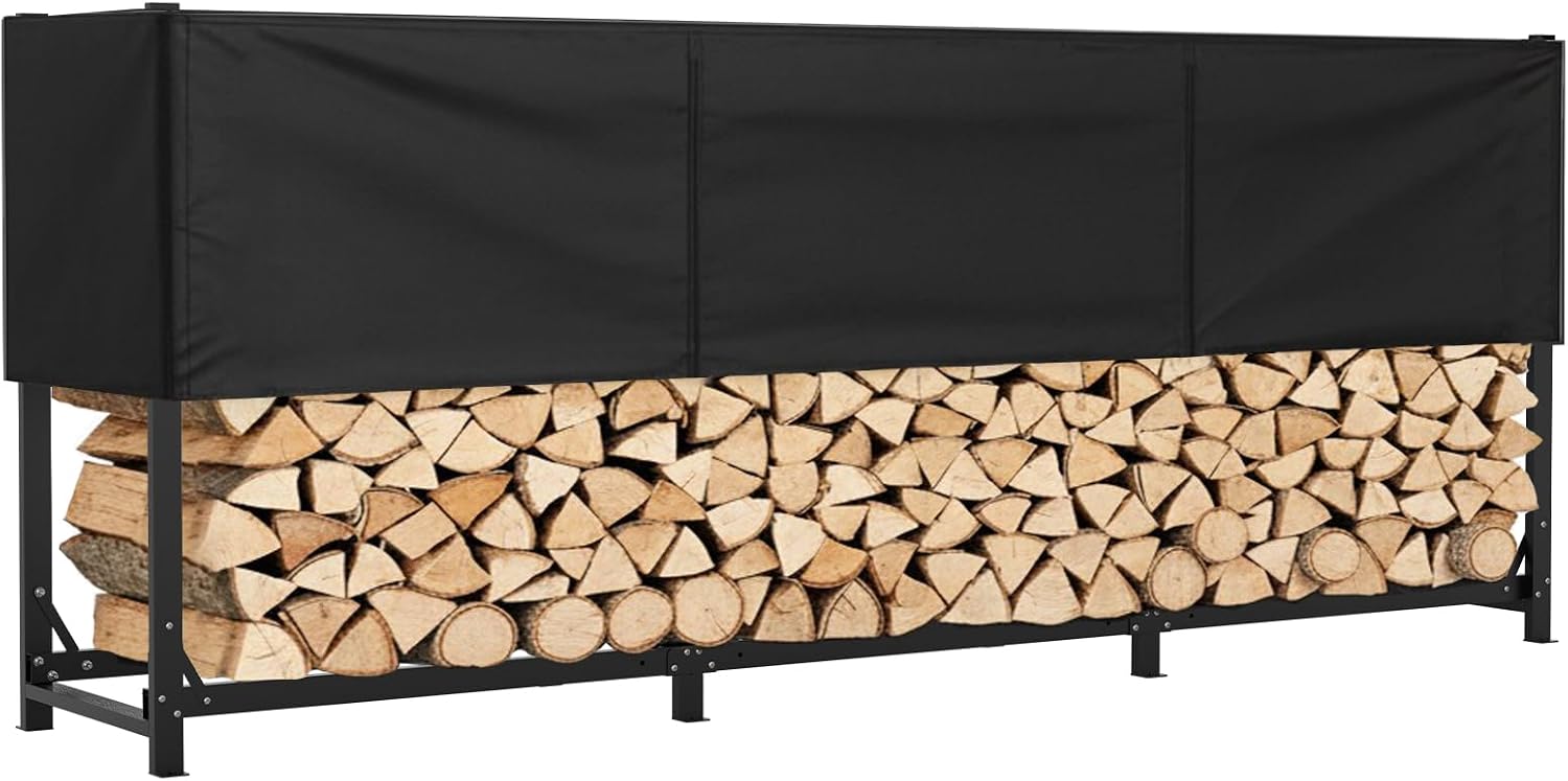 Heavy Duty 10ft Firewood Rack with Cover Outdoor, 5/8 Cord Capacity Log Holder Sturdy Steel Construction, All-Weather Black Powder Coat Wood Storage Organizer for Indoor&Outdoor Use, Black