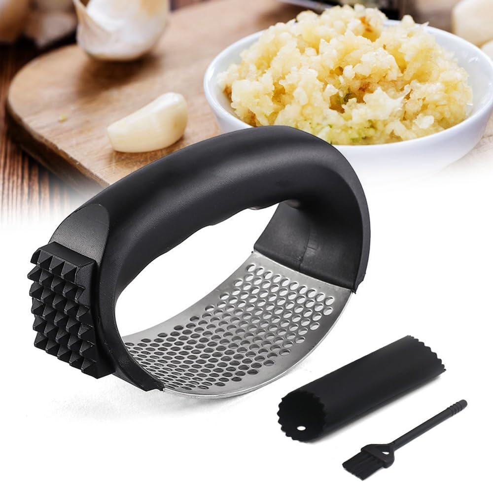 2026 Upgraded garlic press rocker, stainless steel garlic press, garlic crusher with peeler and cleaning brush, garlic chopper for crushing garlic, kitchen gadgets, efficient and time-saving (Black)