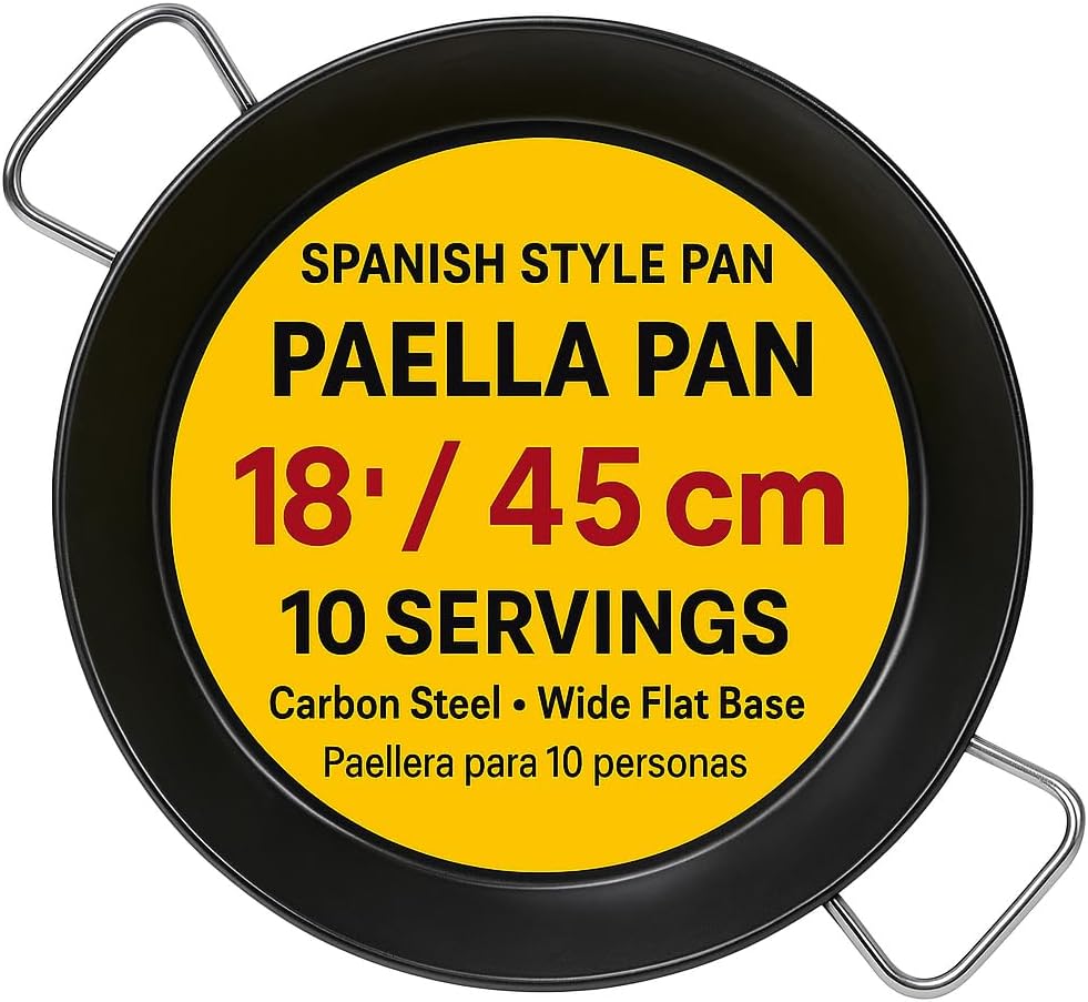 Paellera para 10 Personas 18″ / 45 cm Paella Pan, Large Carbon Steel Spanish Style Pan for 8–10 Servings, Family Dinners & Small Parties on Stove, Oven or Grill