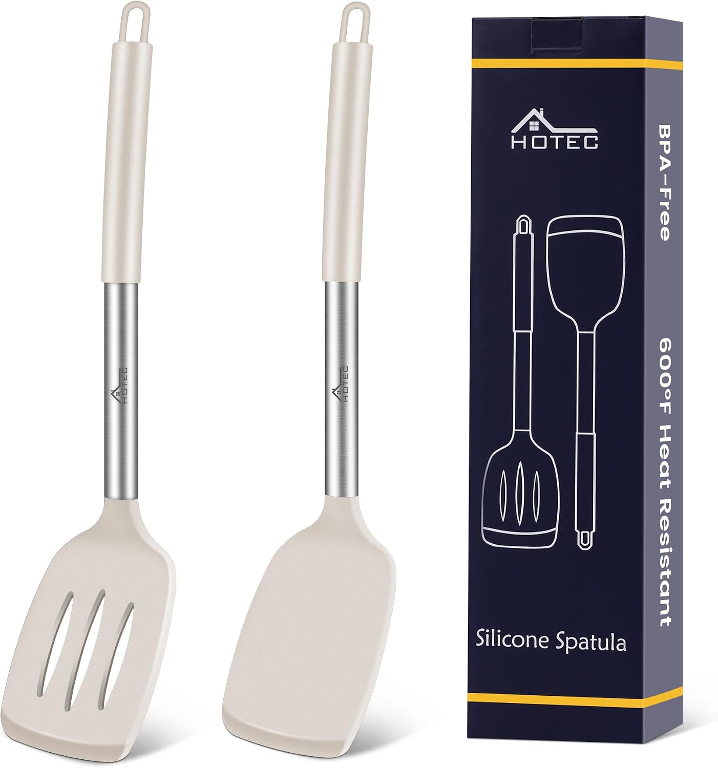 HOTEC Silicone Spatula Set of 2 Heat-Resistant 600°F & BPA-Free Kitchen SaptulaTurner with Stainless Steel Handles, Slotted & Solid Spatulas for Nonstick Cookware, 13.7 Inch, Khaki